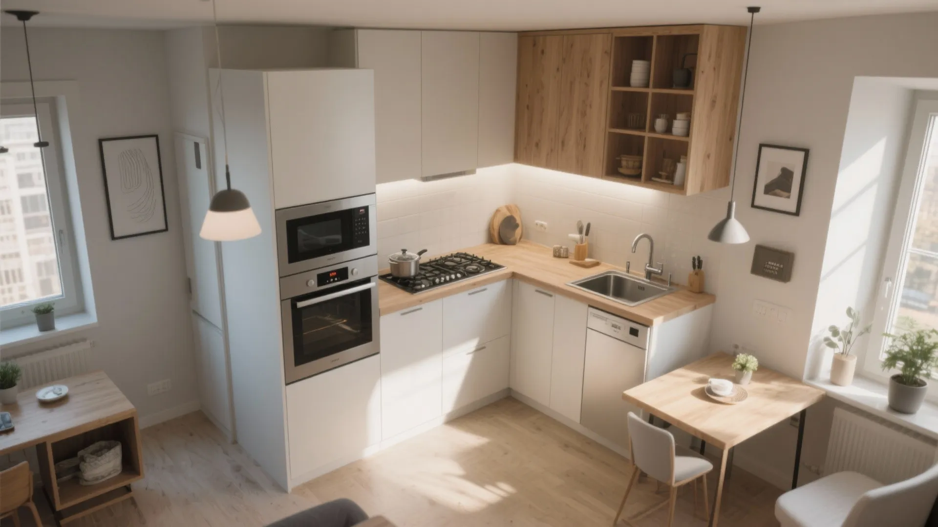 Modern L shaped kitchen design with white cabinets wooden counter oven stove sink and dining table