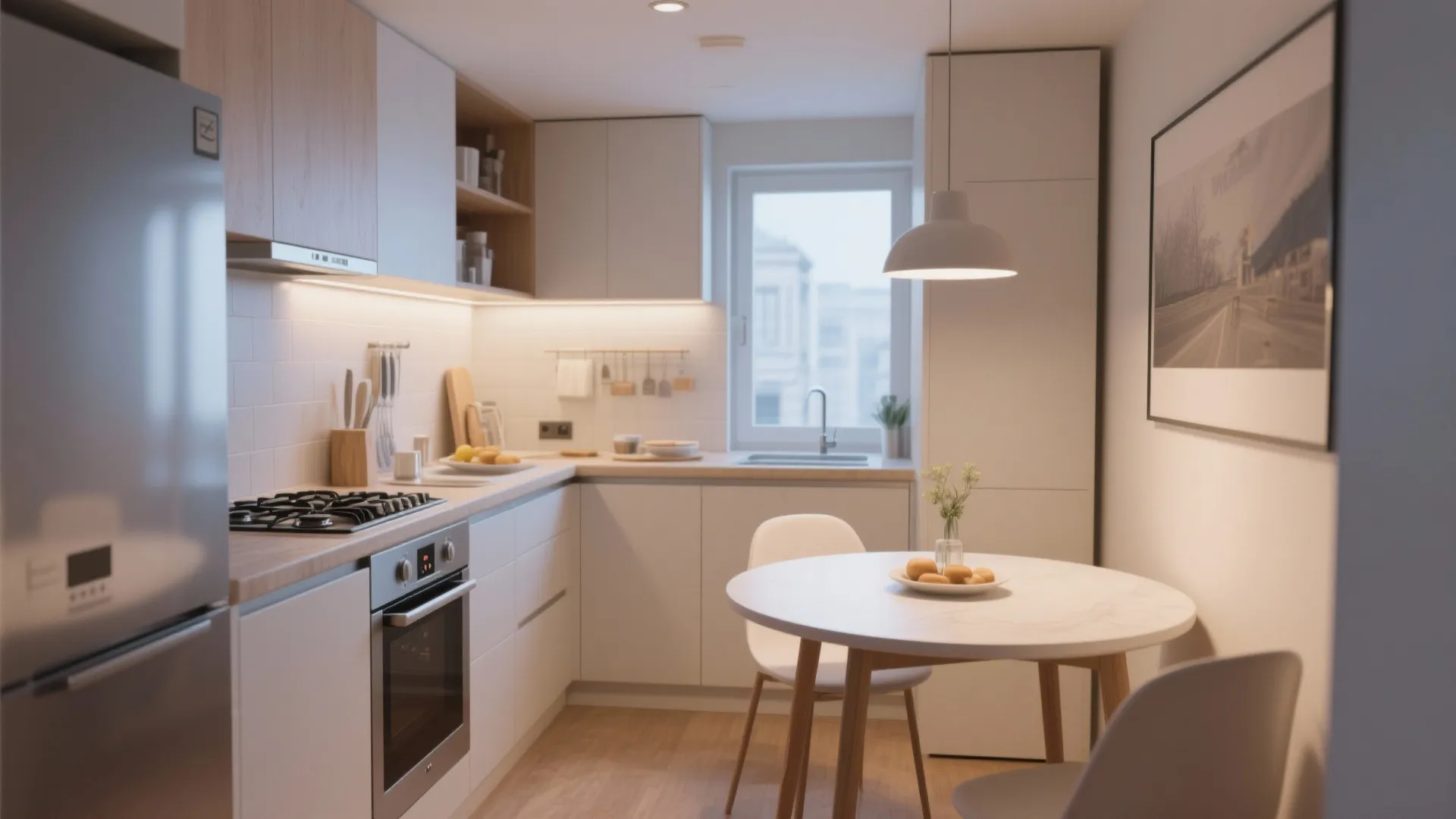 Compact L-shaped kitchen design with white cabinets and a small round wooden dining breakfast table