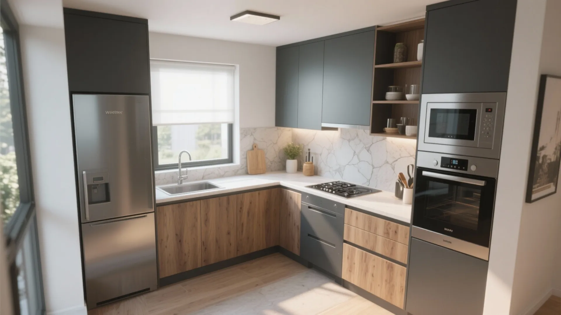 Modern L-shaped kitchen featuring wood cabinets, grey cupboards, marble backsplash, stainless steel appliances, and window