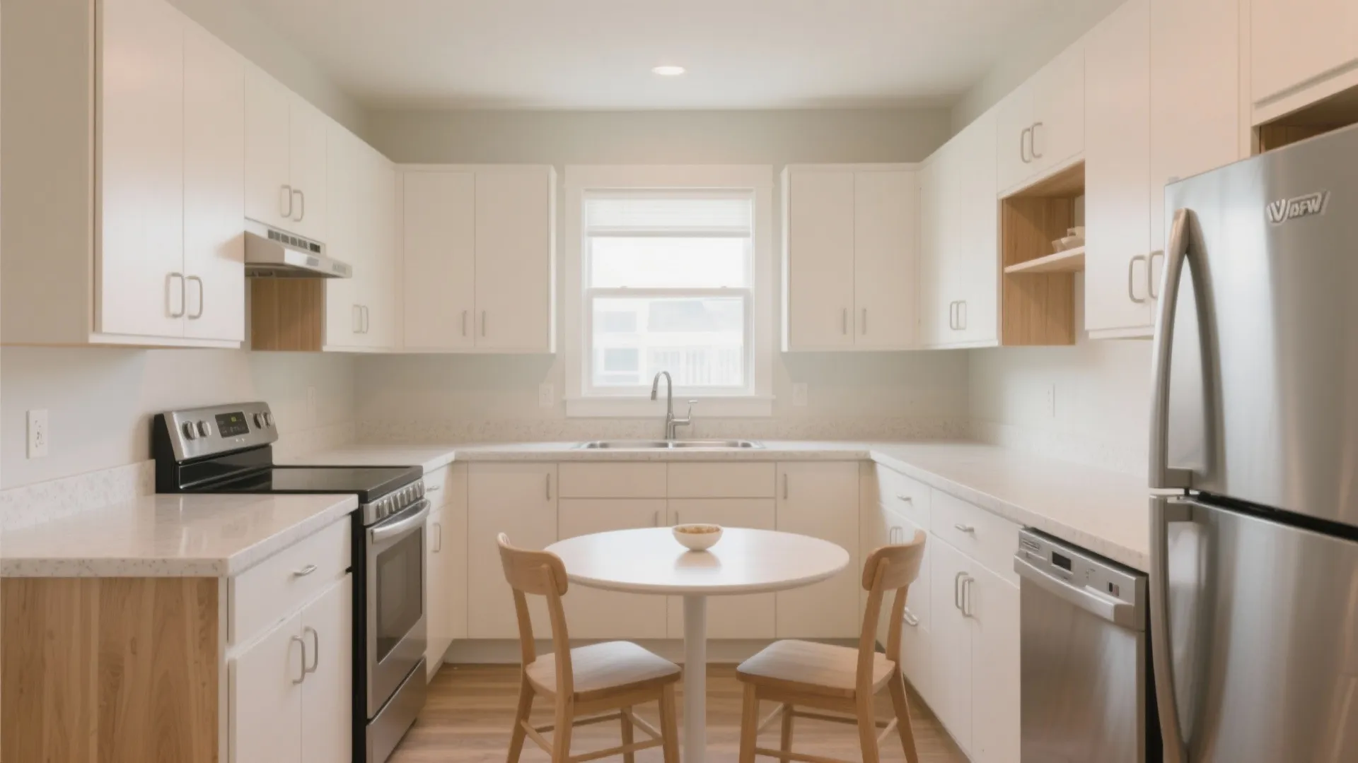 Bright white kitchen with a small round table, two wooden chairs, and stainless steel appliances
