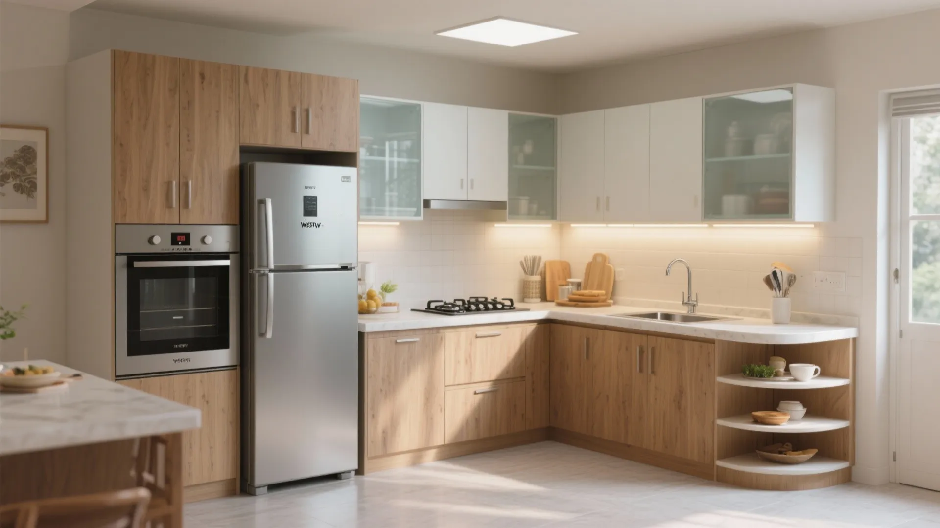 Modern L-shaped kitchen featuring wooden cabinets silver refrigerator white countertops and bright warm under cabinet lighting