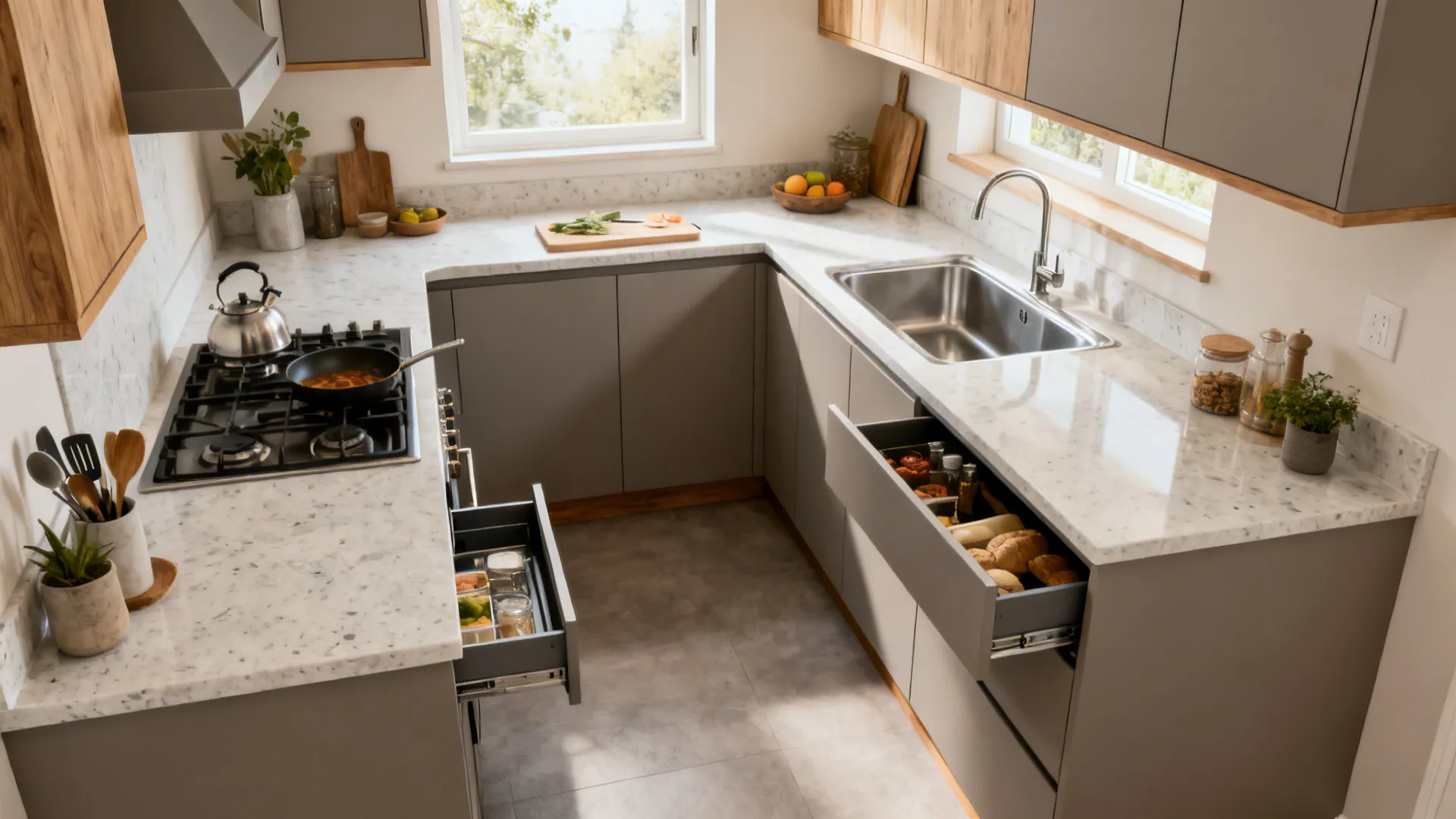 Compact L-shaped kitchen with continuous counters, rotated sink, and slim pull-out beside the range.