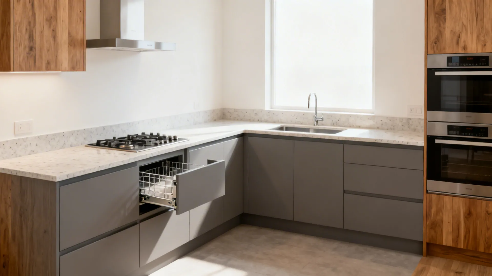 Compact L-shaped kitchen with continuous counter and functional blind corner storage