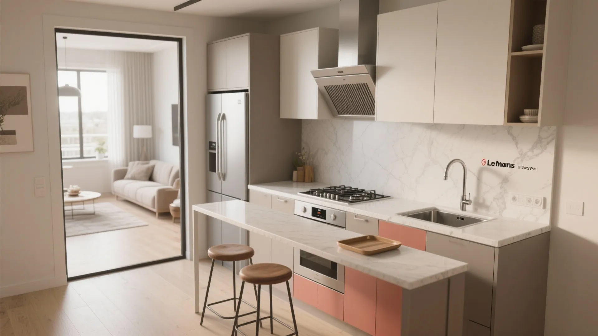 L-shaped kitchen with integrated breakfast ledge