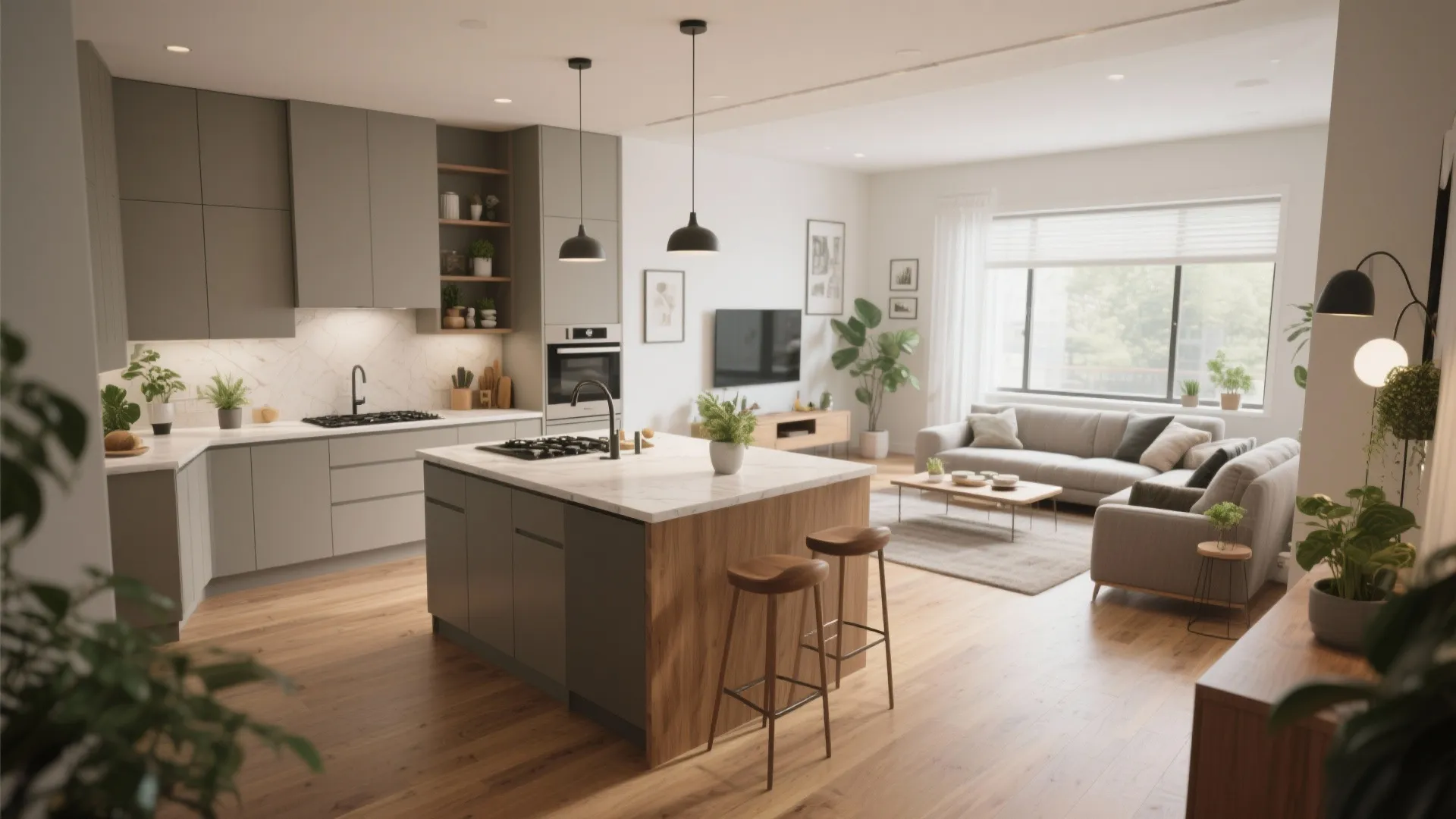 Open plan room layout with grey kitchen island wooden stools sofa television and large glass windows
