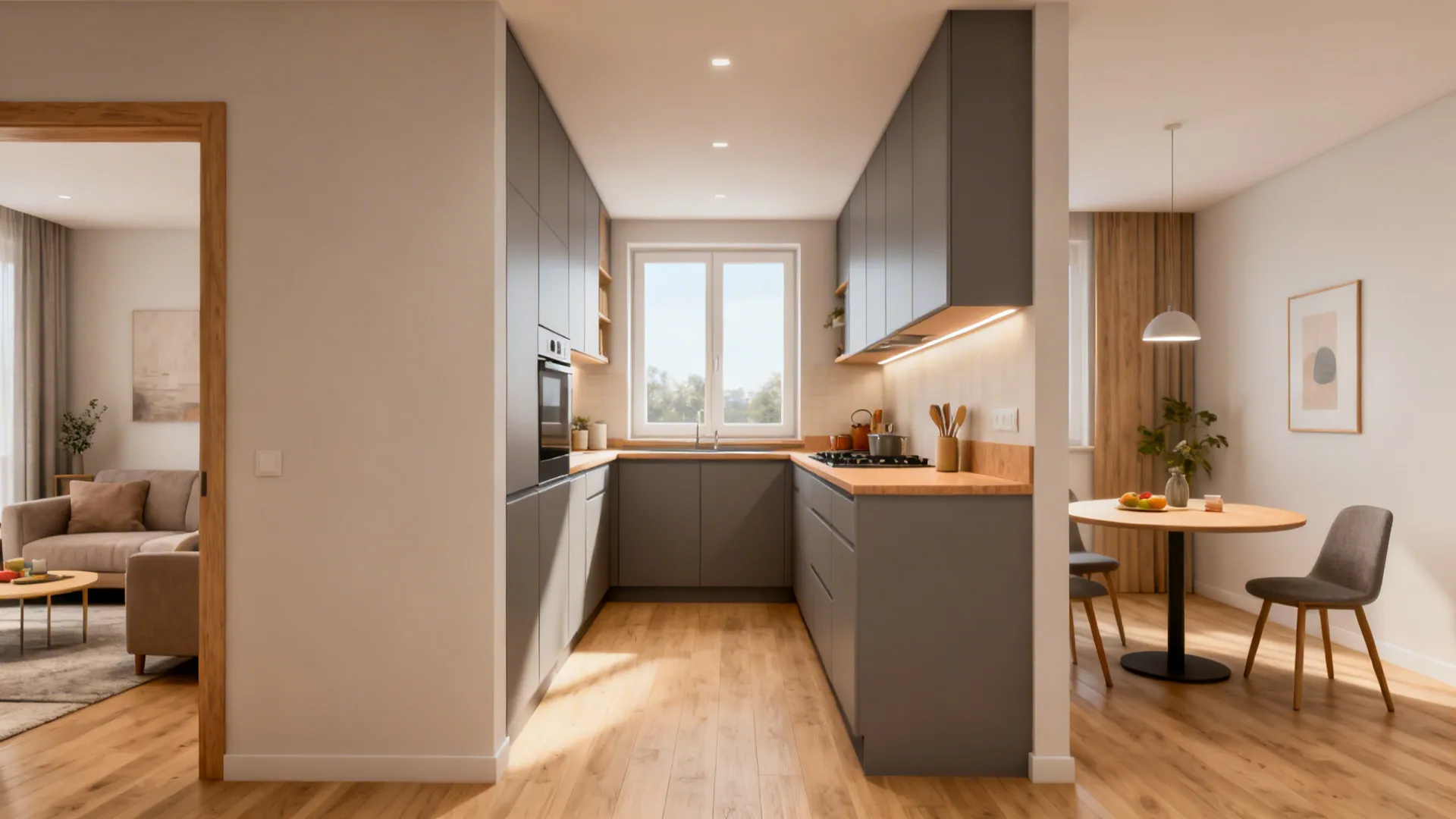 L-shaped kitchen along long wall with window wrap and adjacent living area in a narrow 15x60 home.