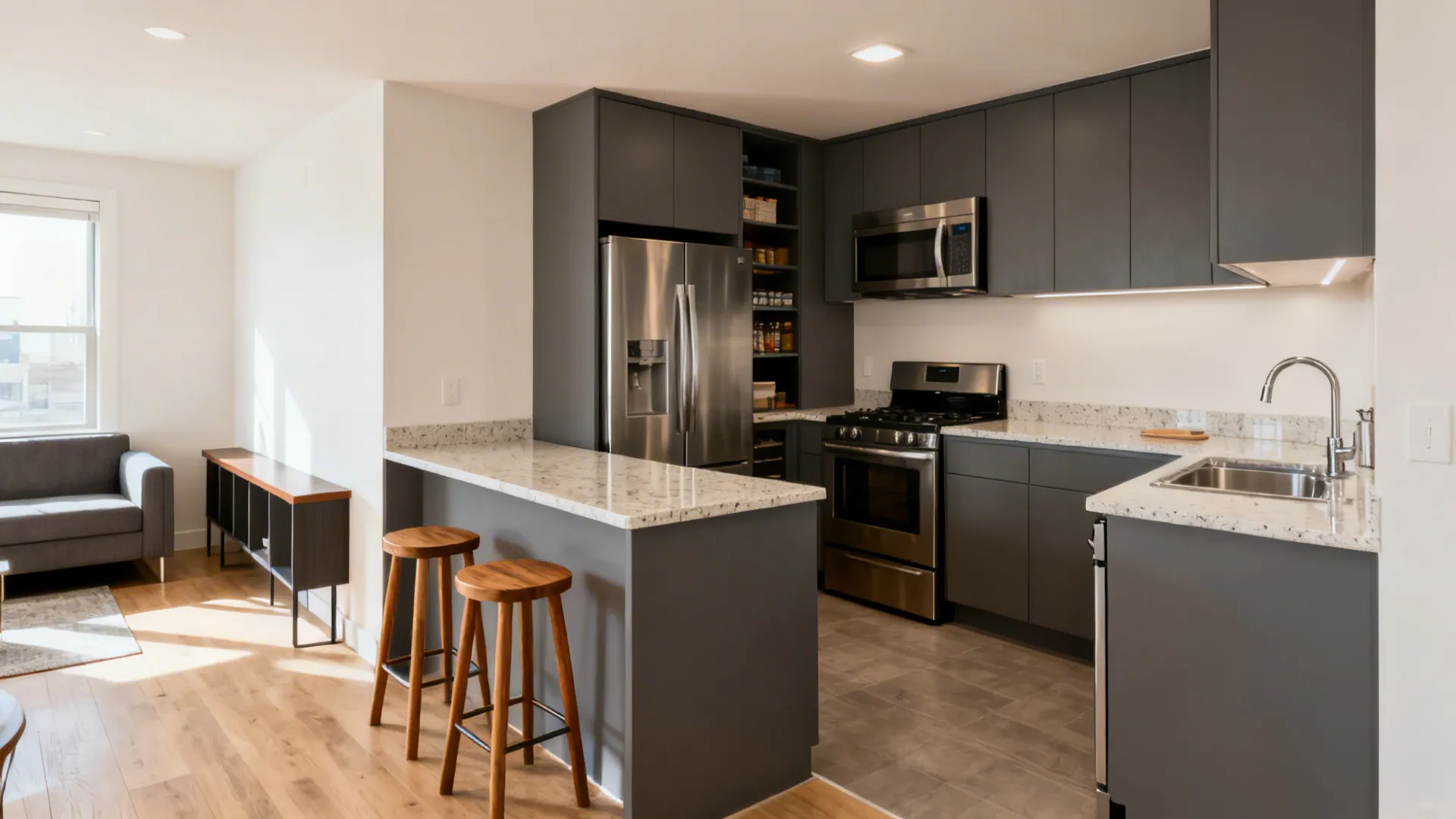 L-shaped grey kitchen with marble countertops, stainless steel appliances, wooden stools, and wooden floor boards