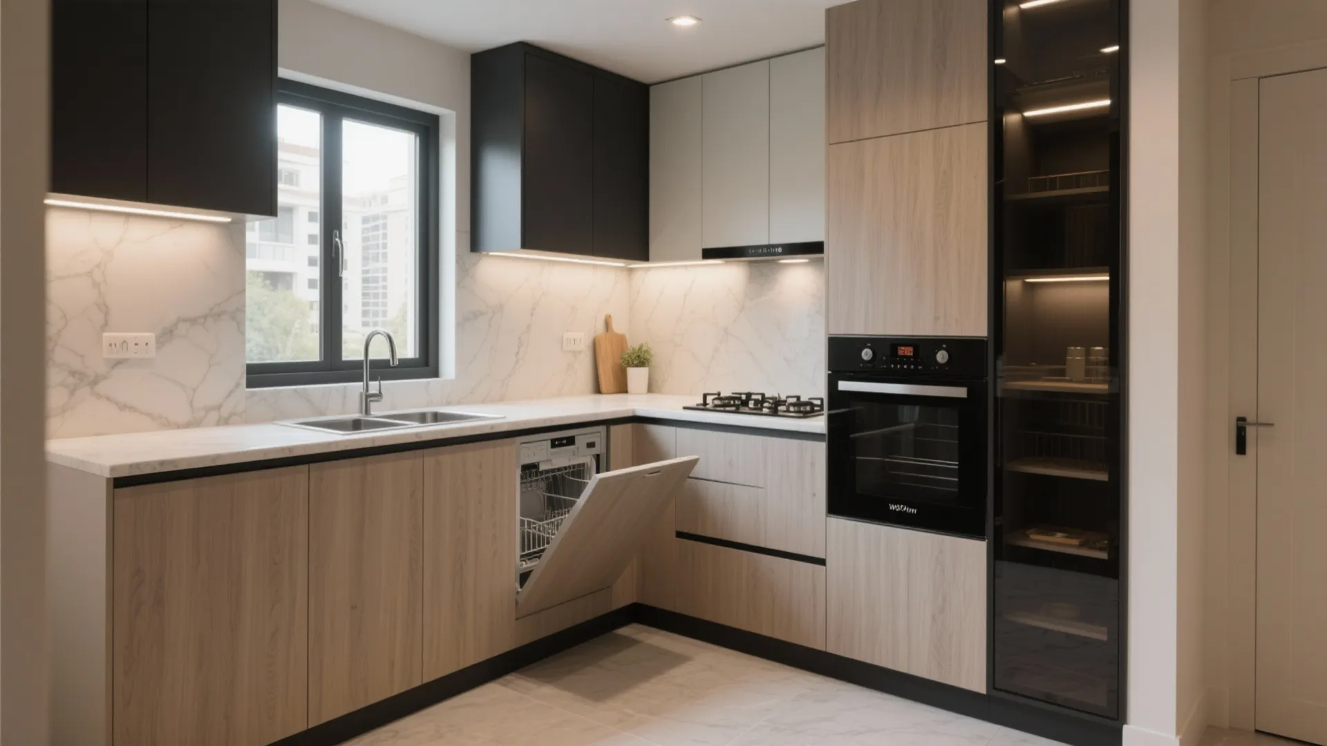 Modern L-shaped kitchen with wood cabinets marble wall and an open dishwasher next to oven