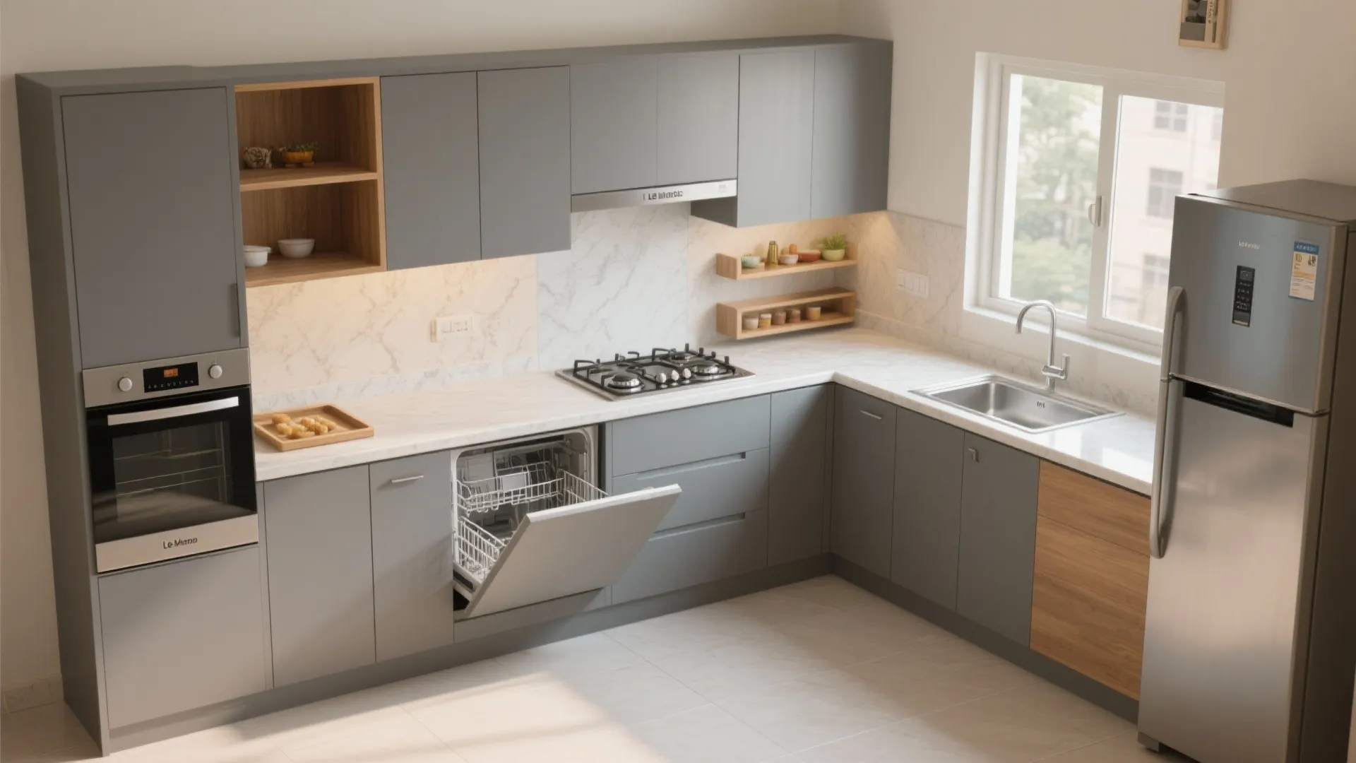 L-shaped kitchen featuring grey cabinets open dishwasher gas stove sink and large stainless steel fridge