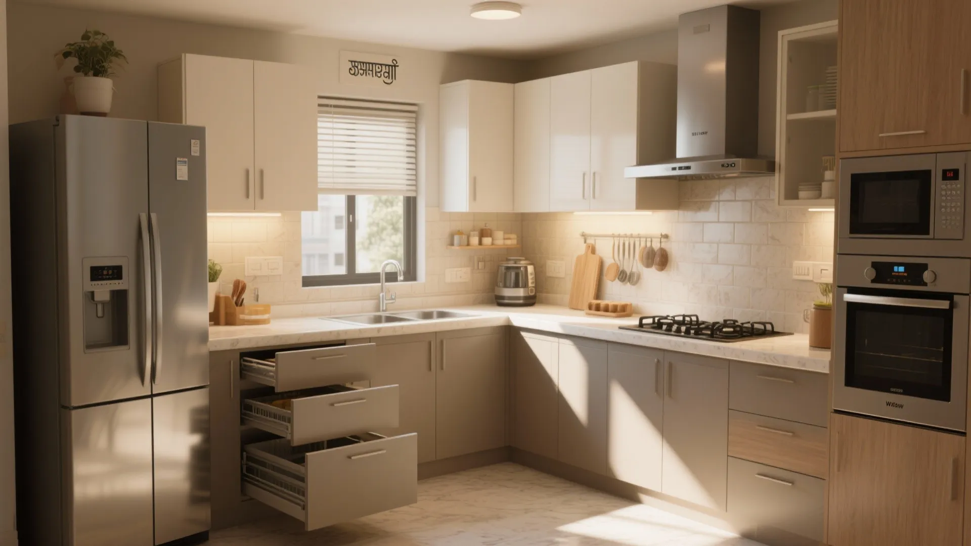 Modern L-shaped kitchen with beige lower cabinets, white upper cabinets, large fridge, and open drawers