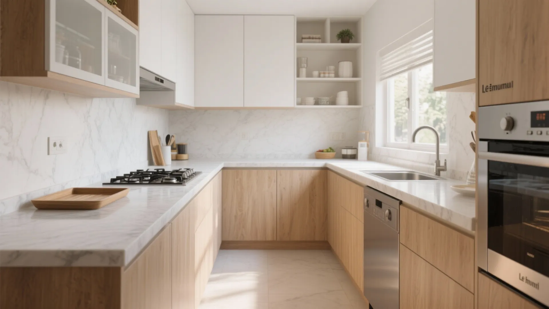 Modern L-shaped kitchen with wooden cabinets white marble countertops a window and a built-in oven