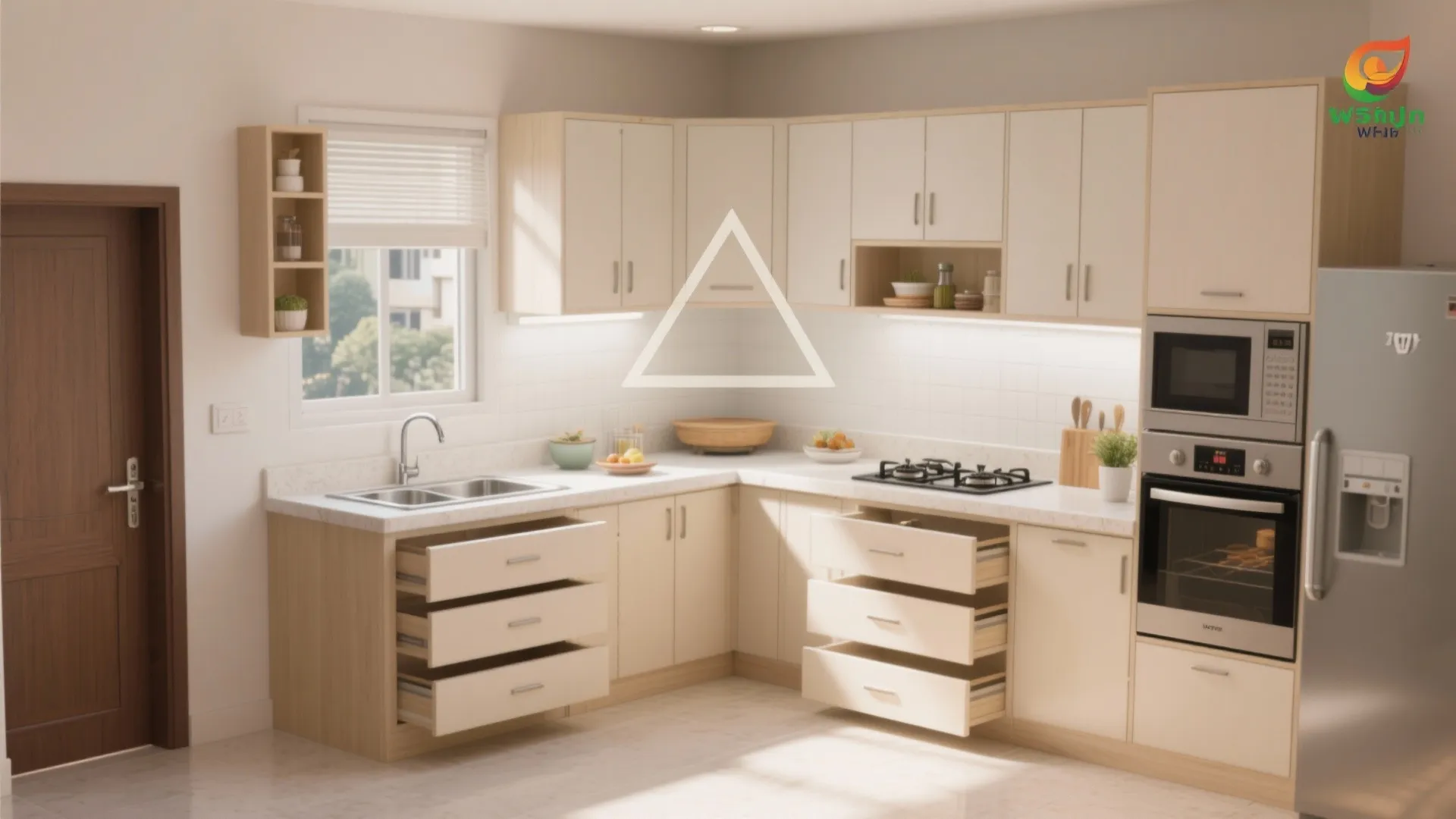 Compact L-shaped kitchen for flow