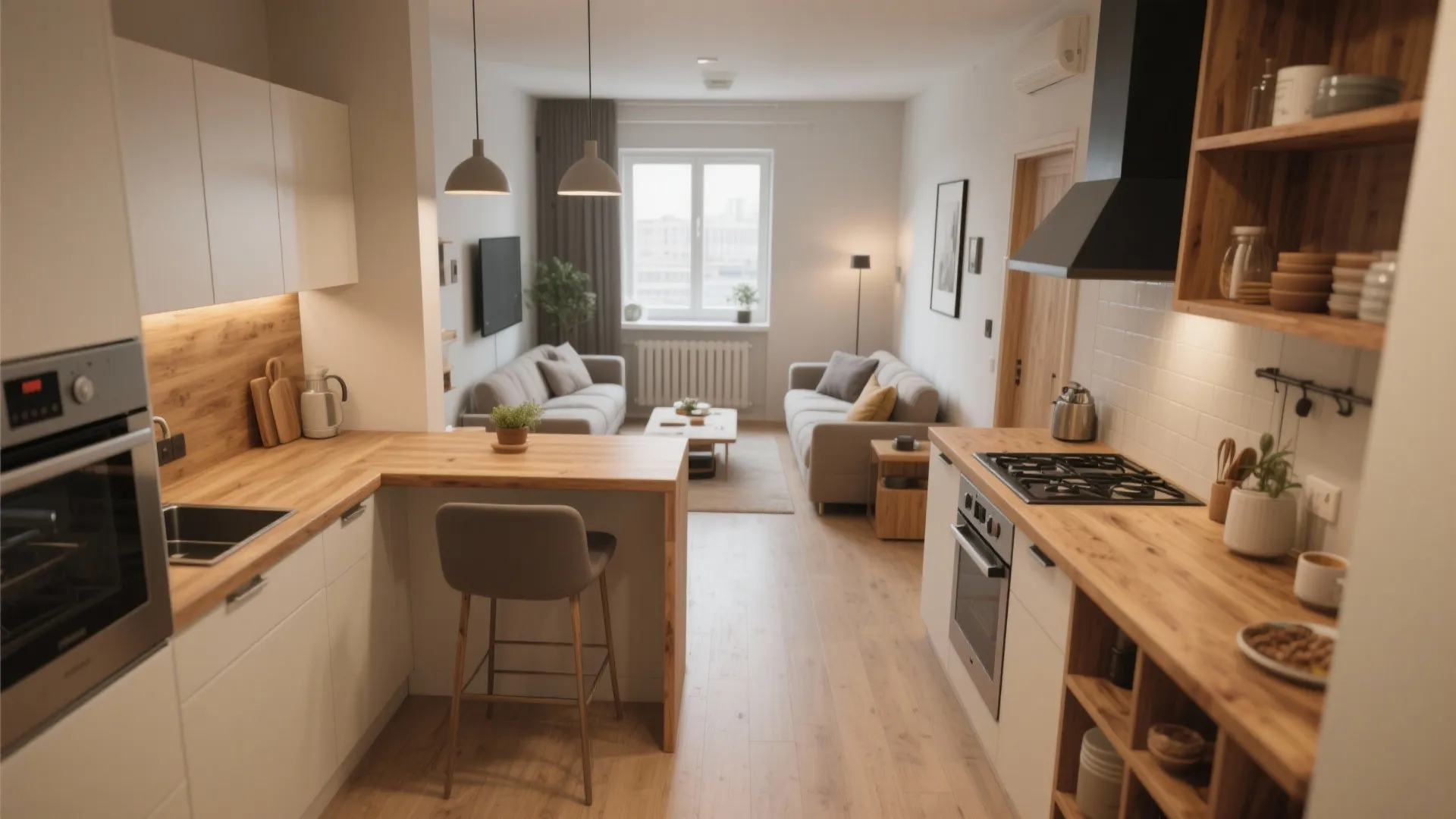 Modern open kitchen with wooden countertops white cabinets grey sofa and warm light fixture design