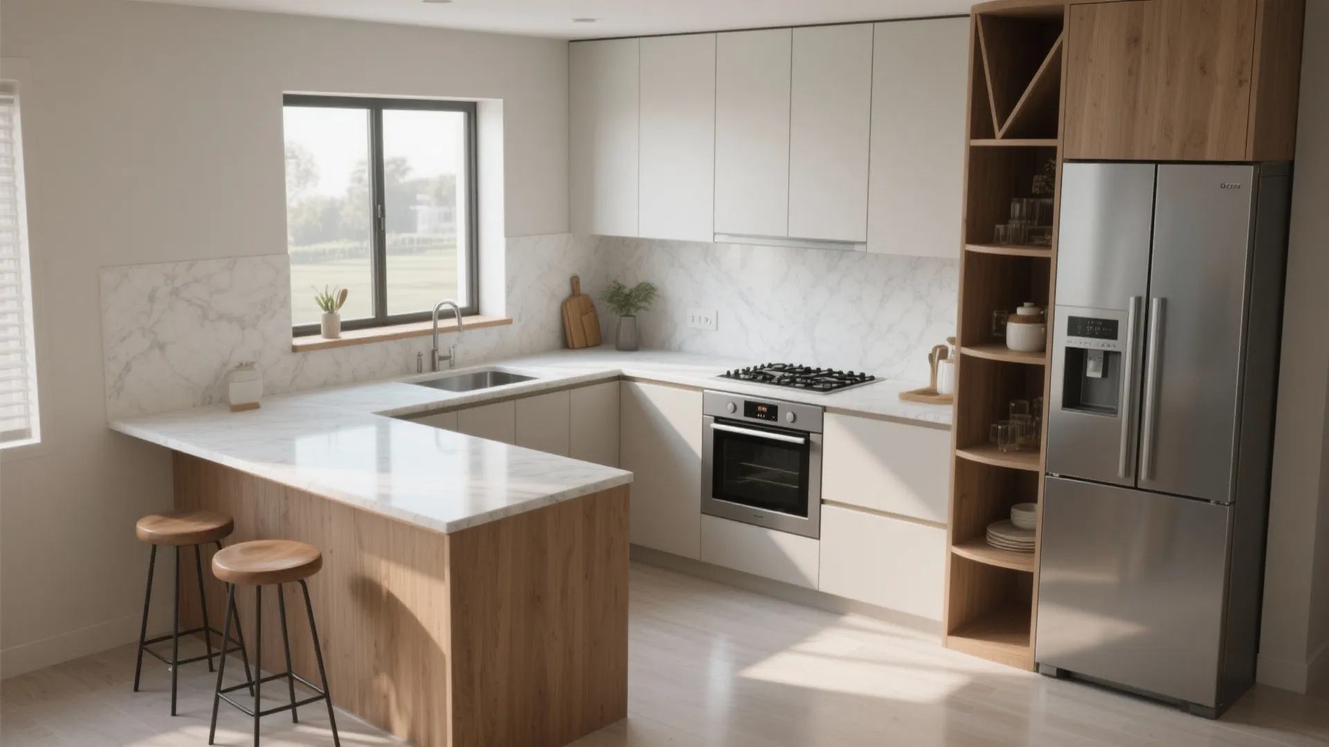 L-shaped kitchen with tall storage