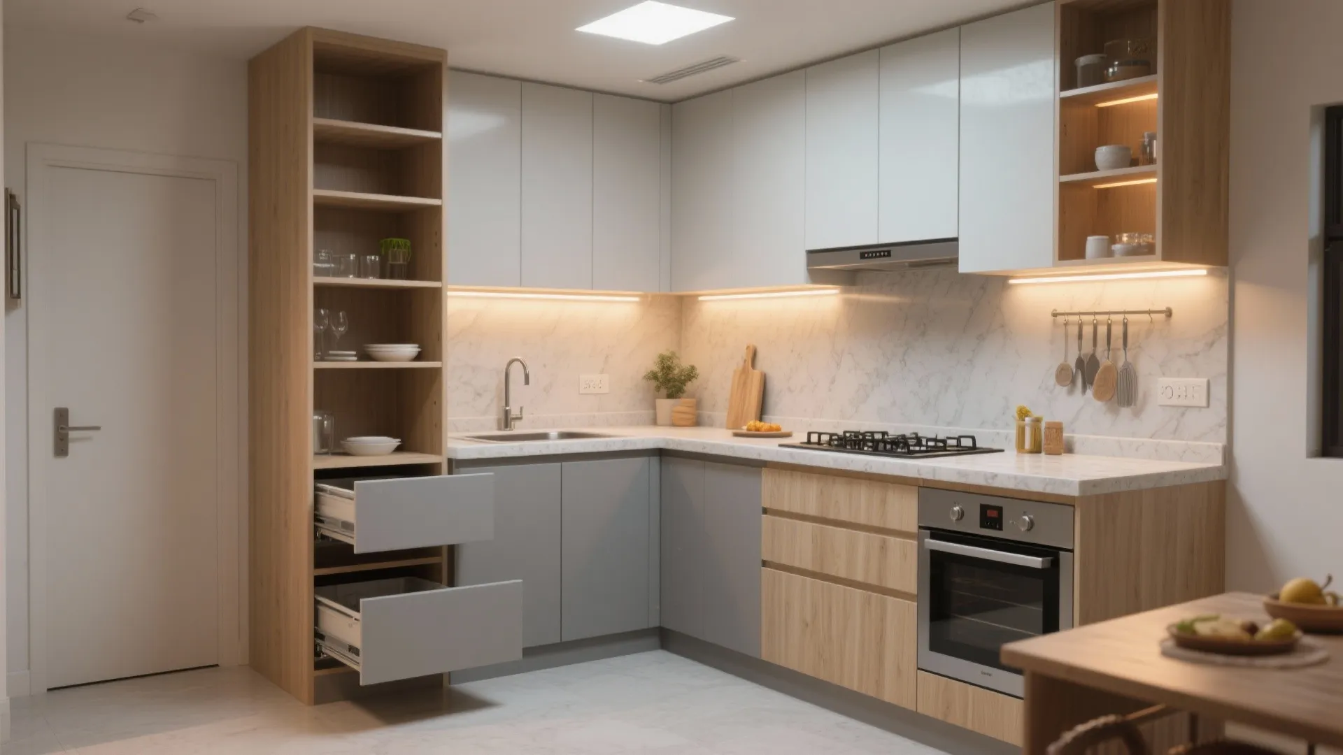 Modern L-shaped kitchen with wooden cabinets grey doors marble backsplash and a built-in oven unit
