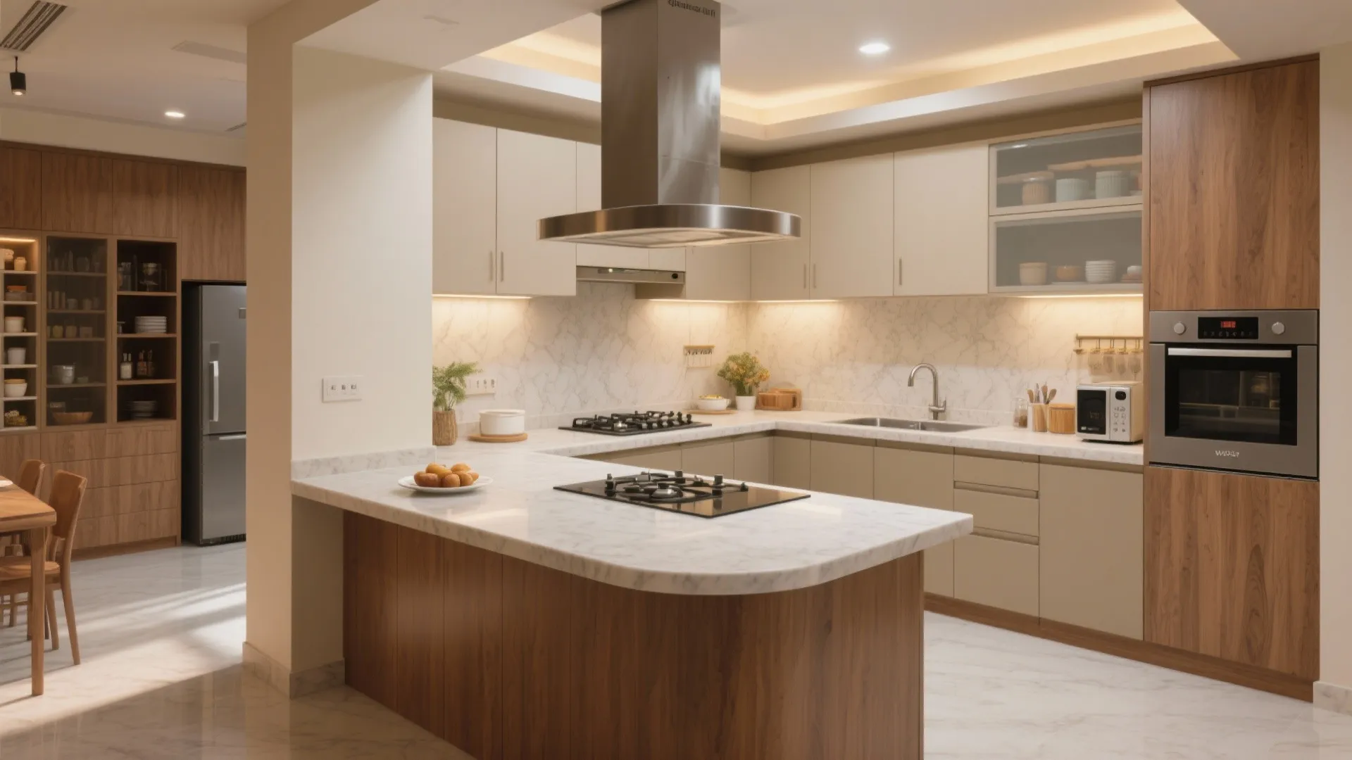 Modern kitchen with wood cabinets white marble counters built in oven and large central island table