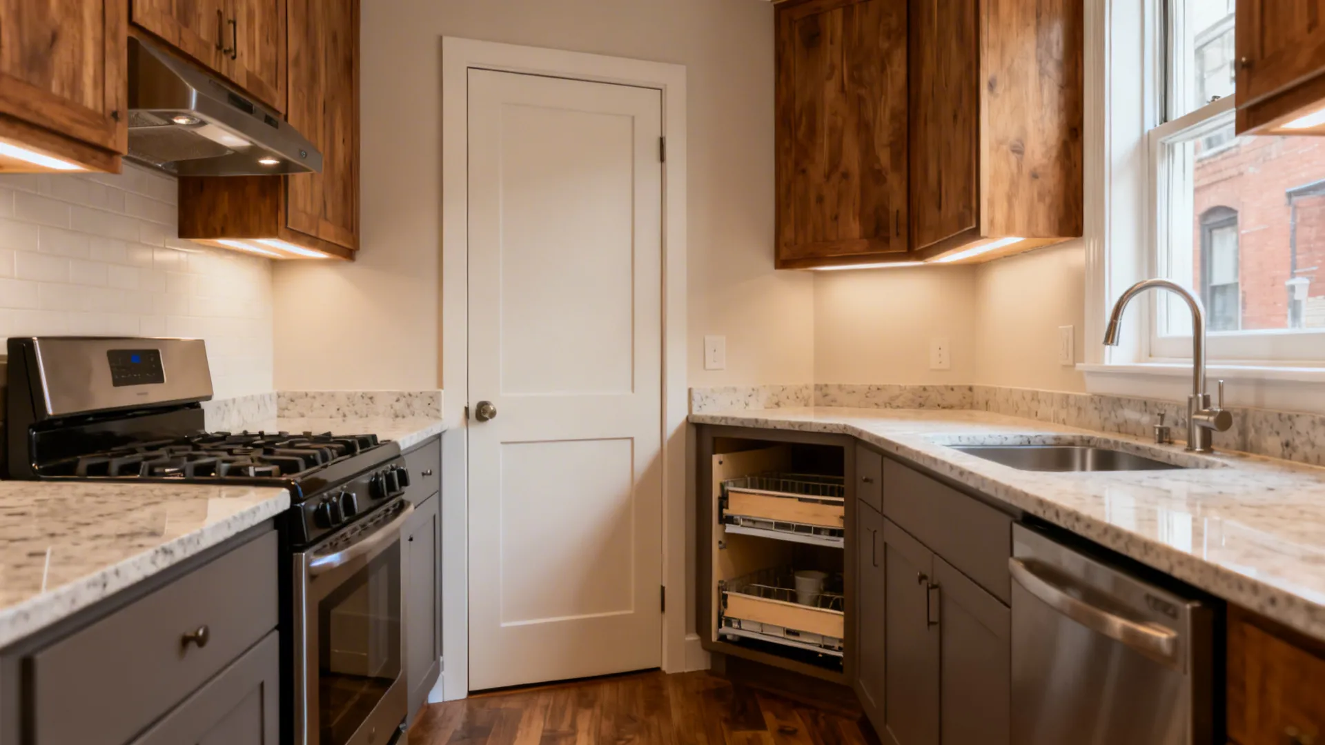 Compact L-shaped kitchen with uninterrupted prep run and corner storage in a Pittsburgh home.