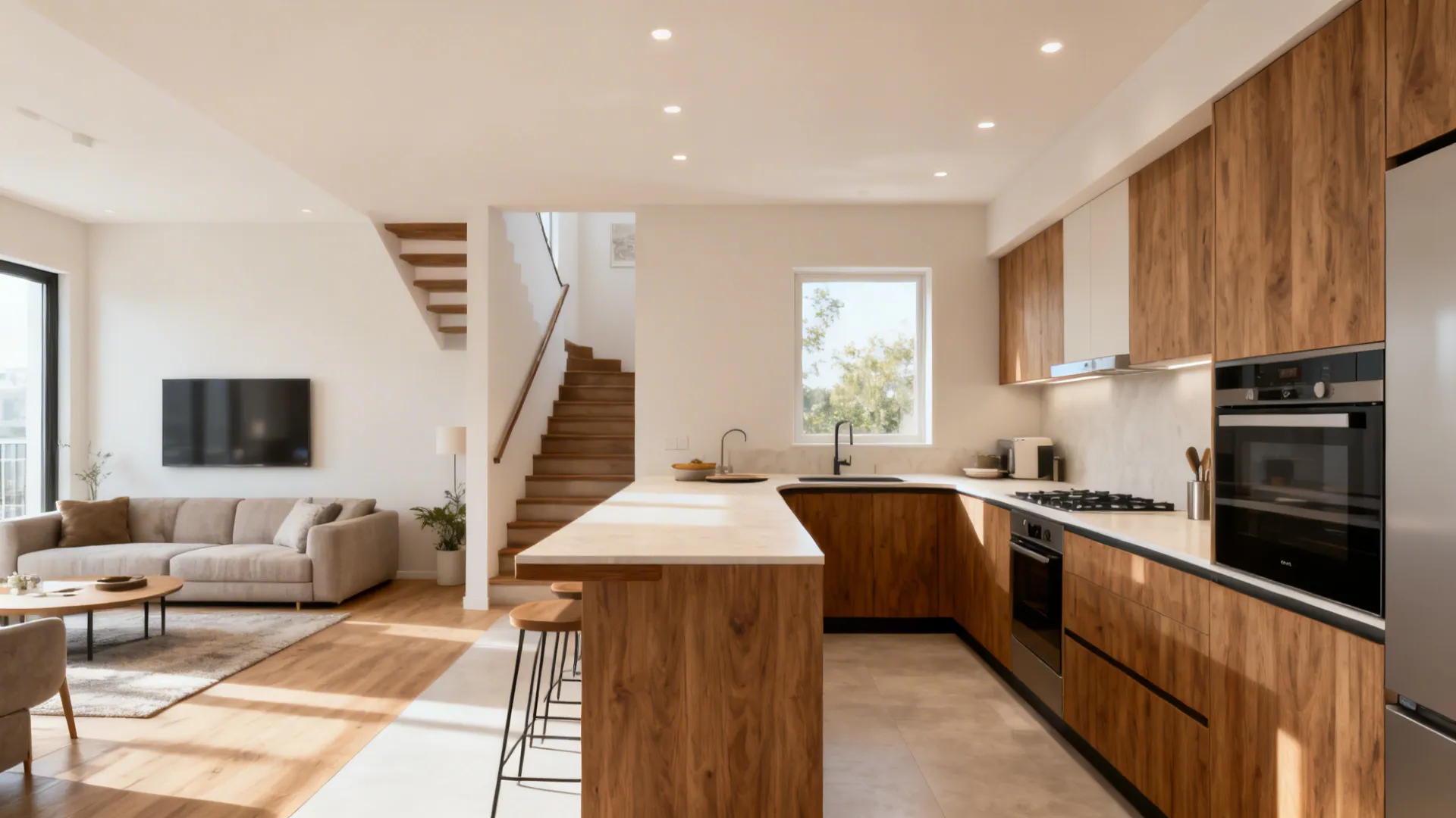 Compact L-shaped kitchen near stairs with long counters and clear walkway.