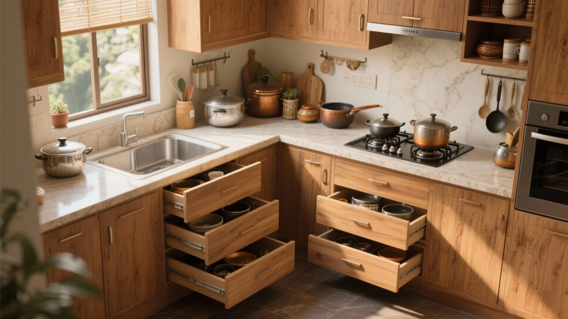 L-shaped layout with under-counter drawers