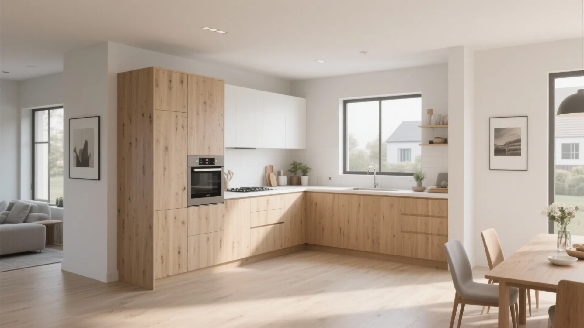 Modern L-shaped kitchen with wooden cabinets white countertops and a built-in oven under natural sunlight