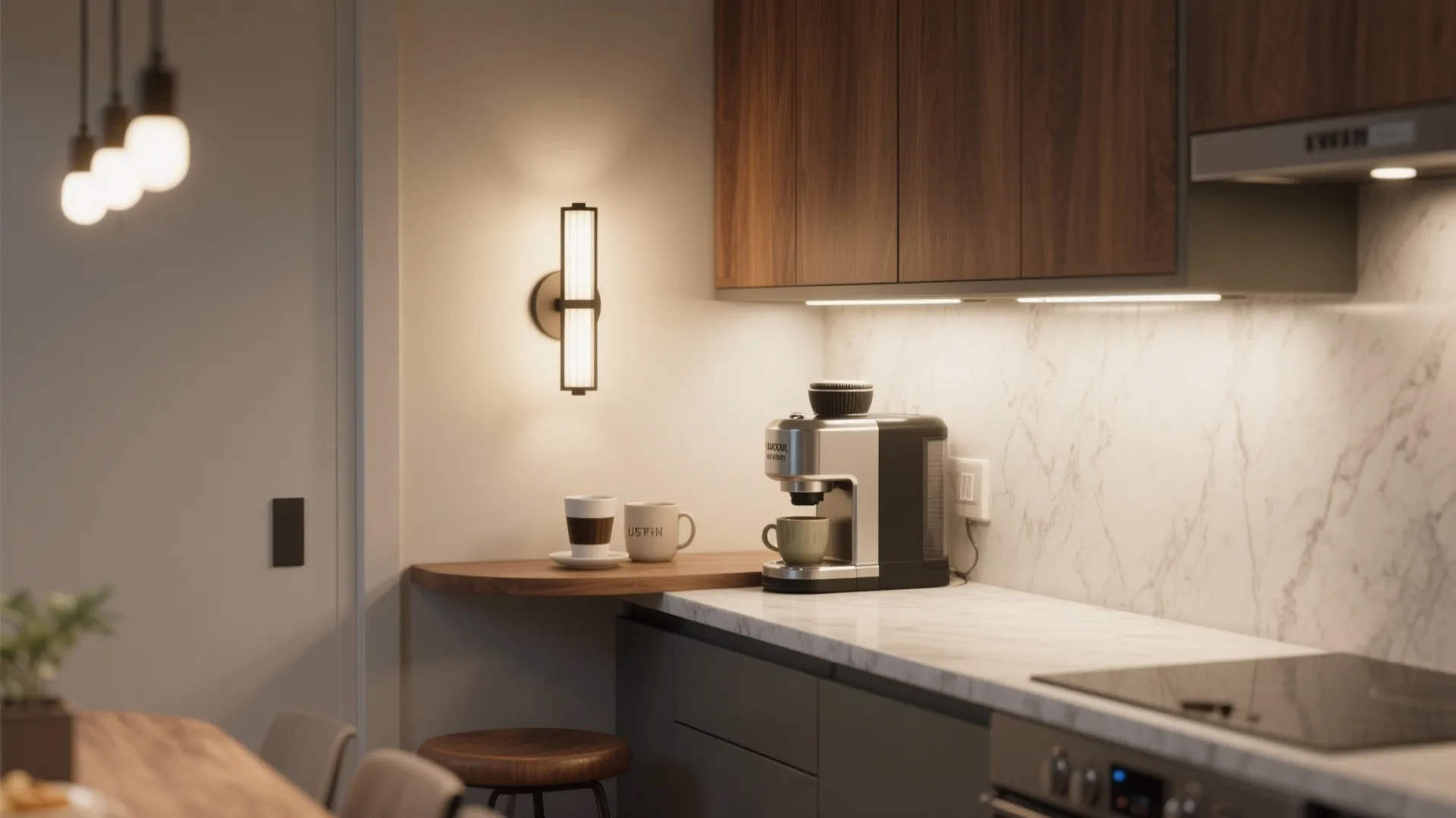 Justice Design sconces in an L-shaped small kitchen