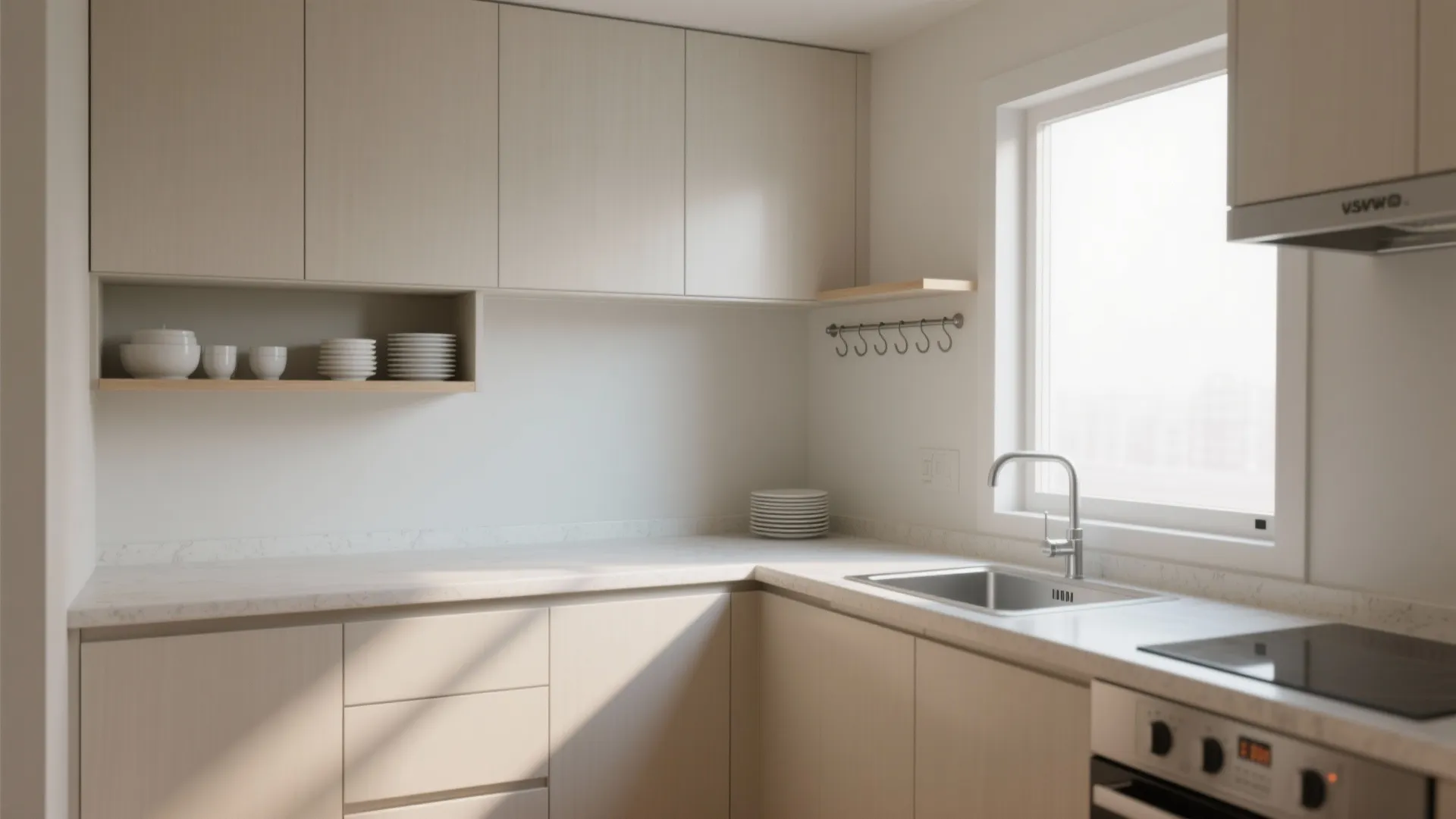 L-Shaped Kitchen Walls With Open Shelves