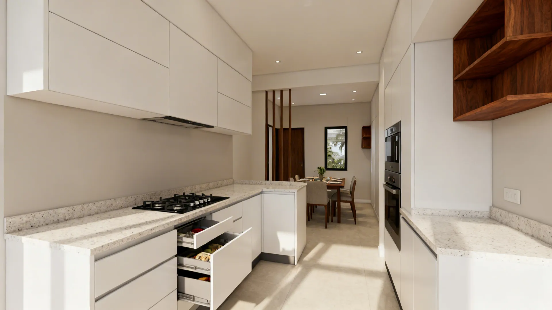 Compact L-shaped kitchen with corner drawers and continuous counters for two cooks.