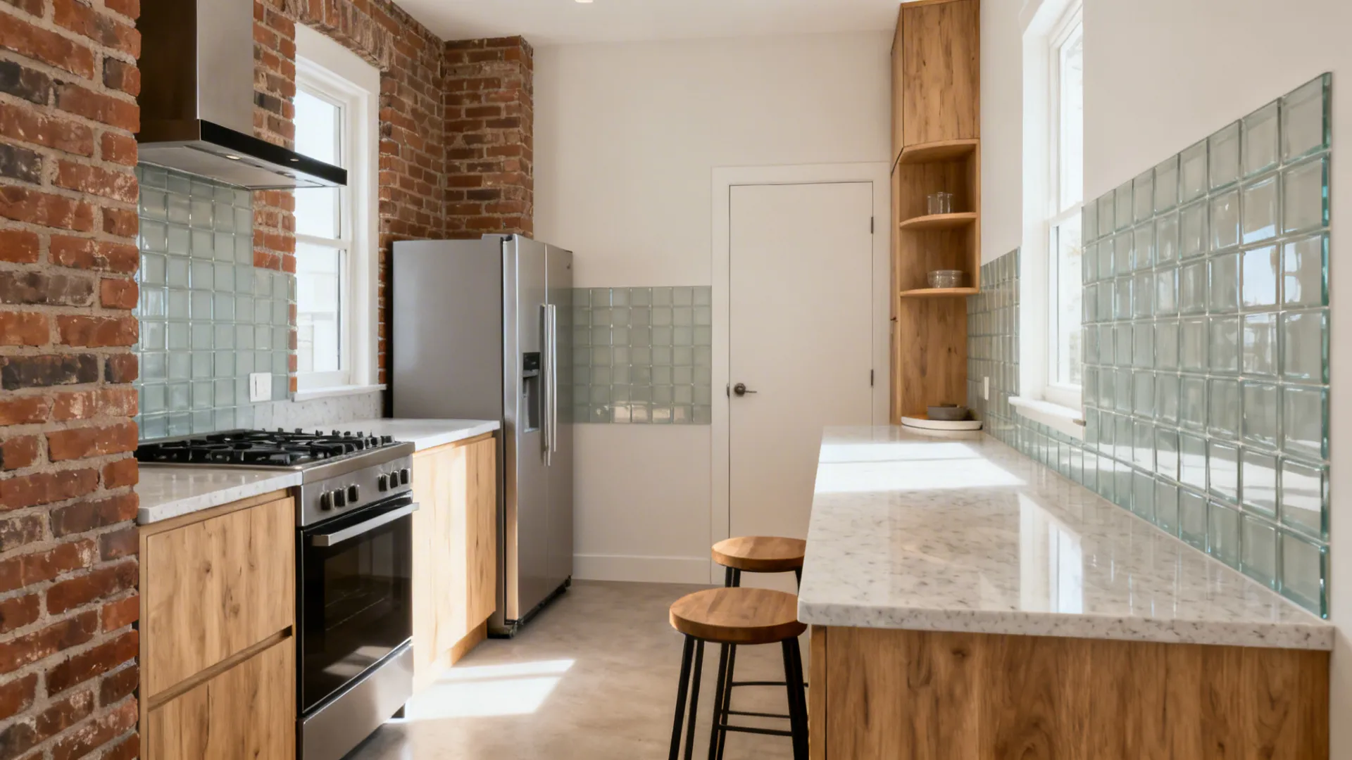 Compact L-shaped kitchen with continuous counters, exterior-vented range, and corner solution.