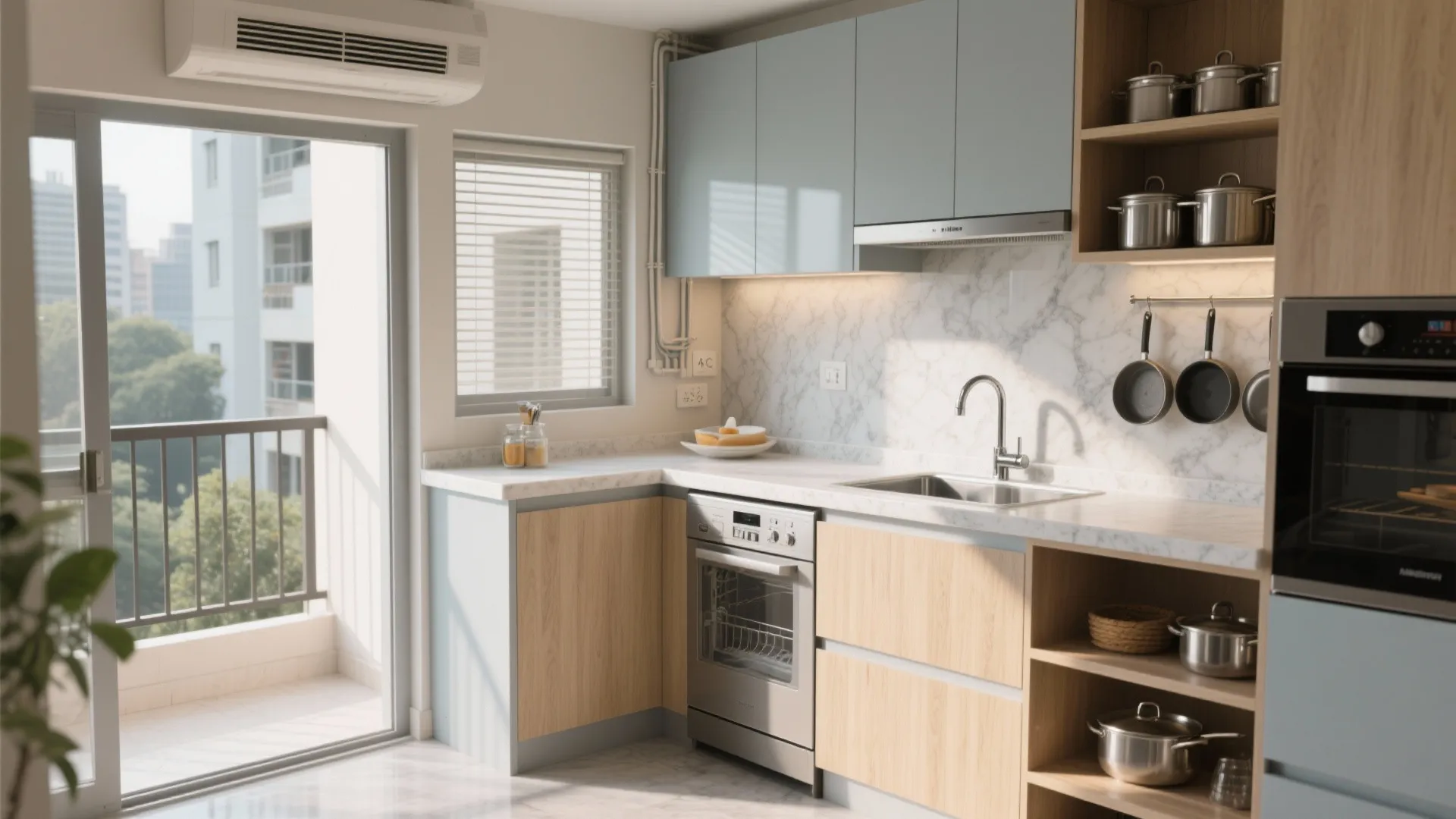 Kitchen: smart L-shaped efficiency with a dry balcony link
