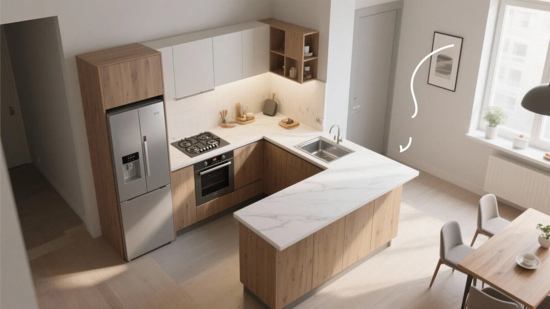 L-shaped layouts that free up countertop space