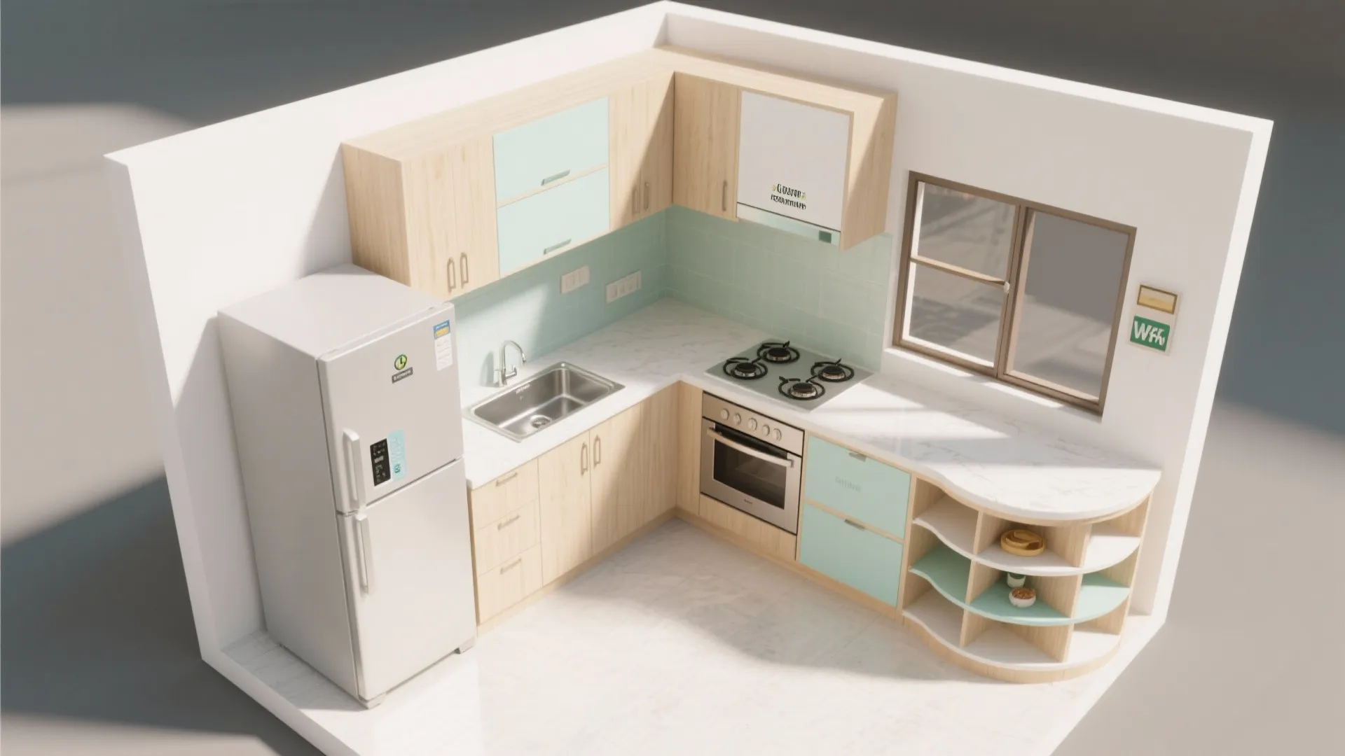 L-shaped small kitchen layout to unlock counter space