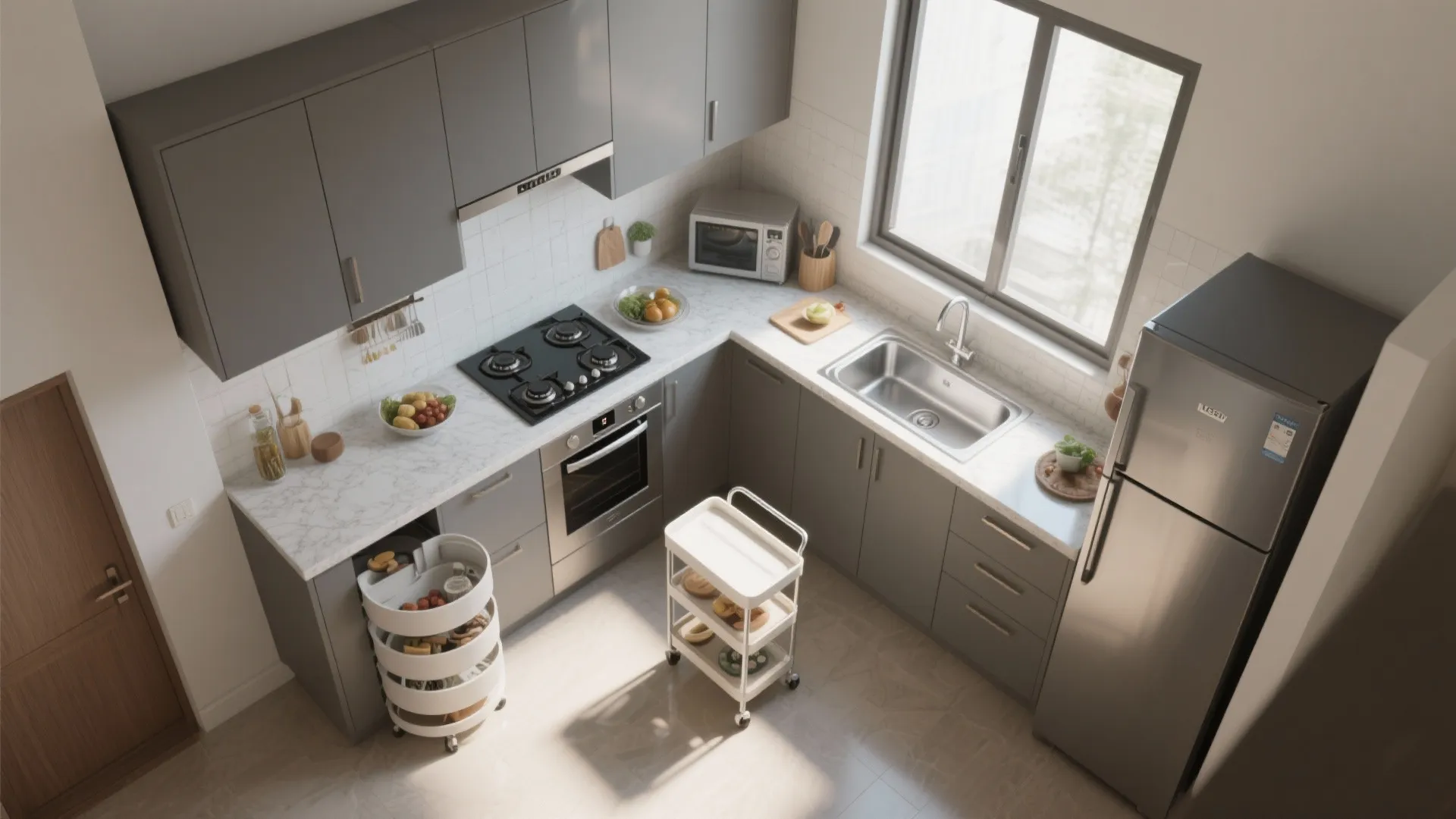Small kitchen layout with grey cabinets, white marble countertop, silver fridge, and a metal sink