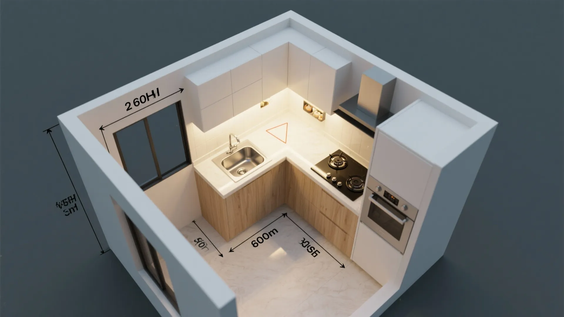Small kitchen interior design drawing with wooden cabinets white counters sink stove and dimension lines