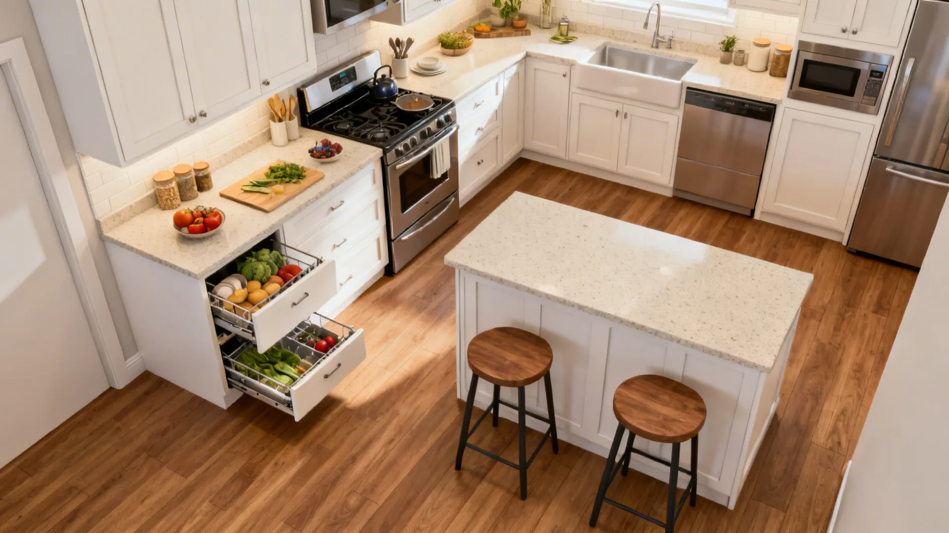 Top-down view of an L-shaped small kitchen with defined prep and cooking zones and a slim peninsula.