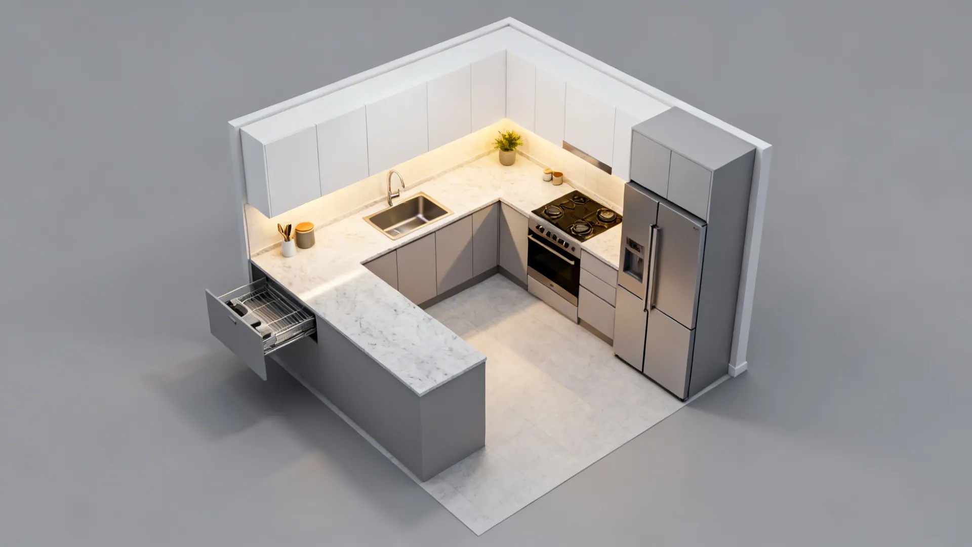 Top-down view of an L-shaped modular kitchen layout with efficient work triangle.