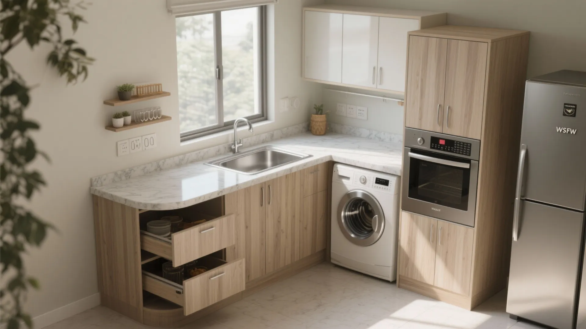 3) L-Shaped Kitchen with Utility Tuck