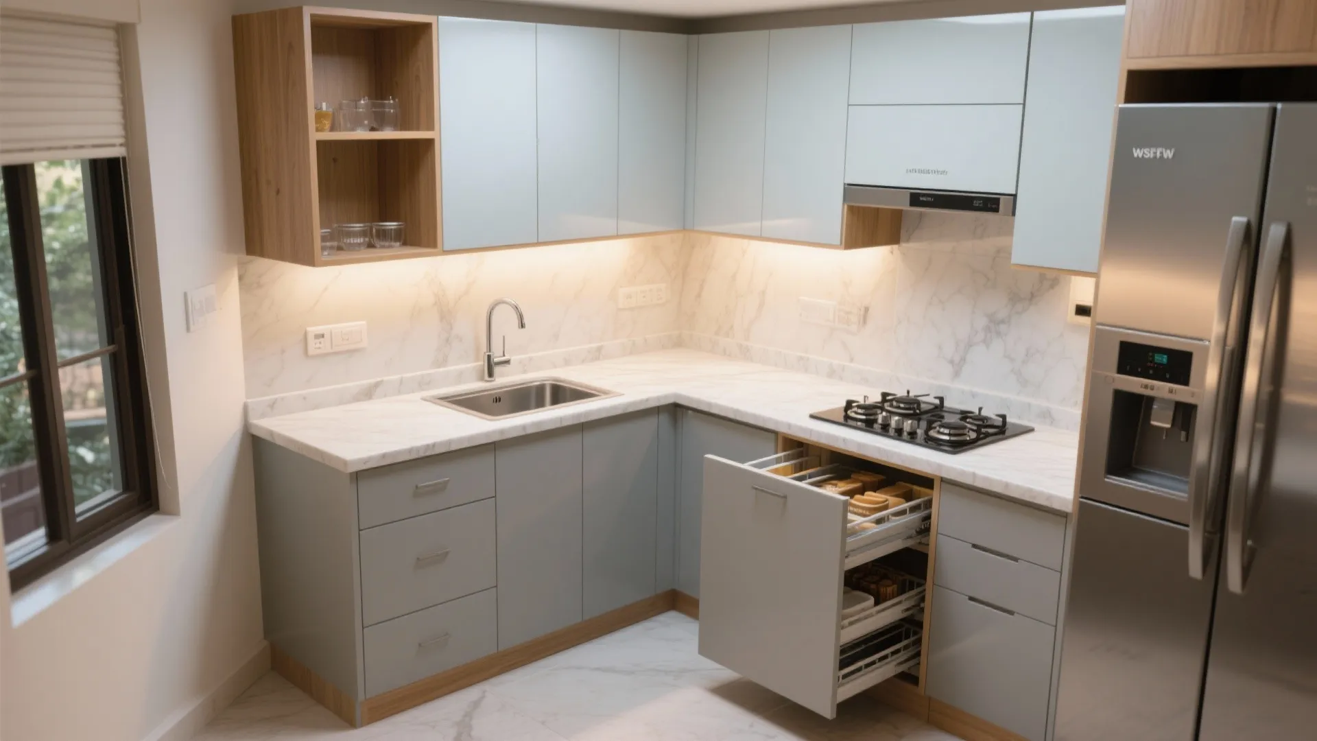 L-shaped layout to unlock counter space