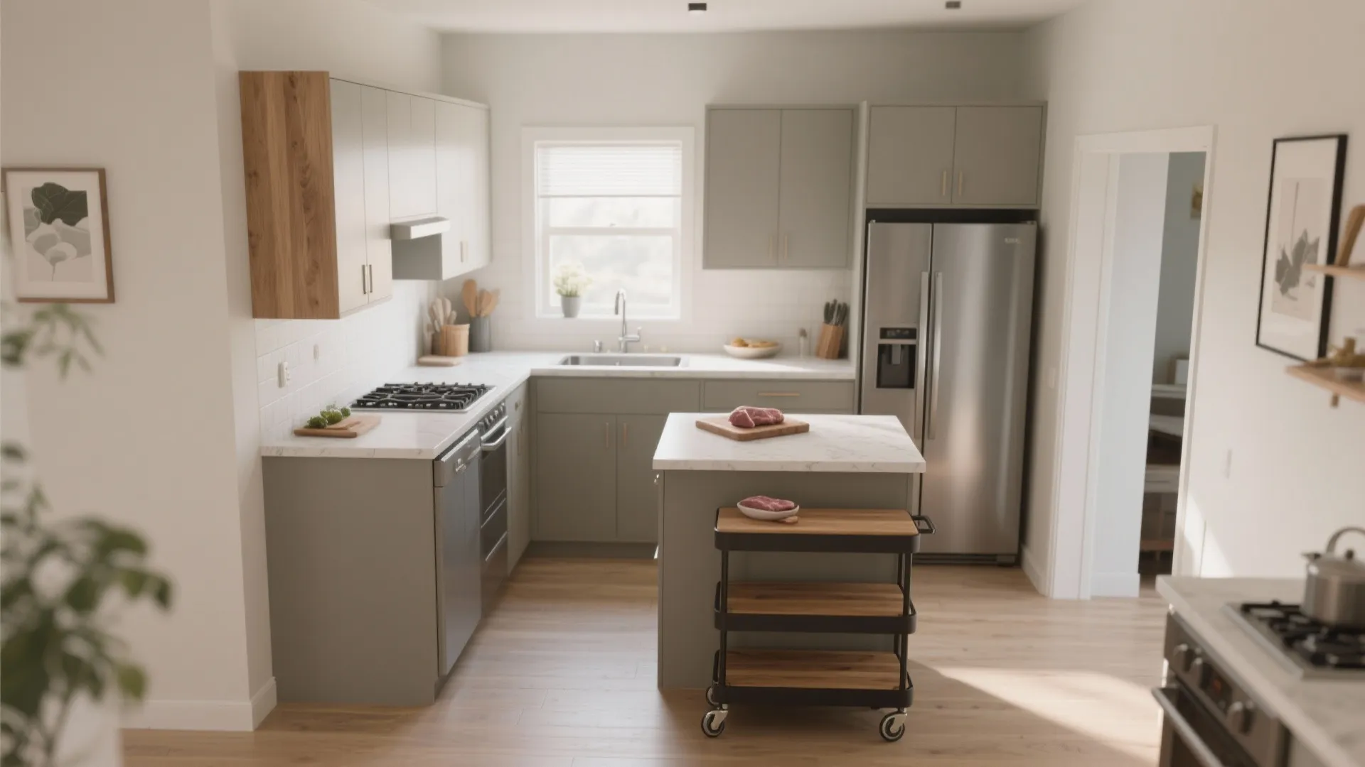 Wide L-shaped kitchen with grey cabinets wood accents island rolling cart window and stainless fridge