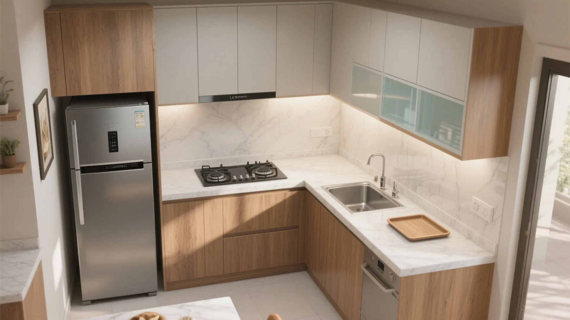 L-shaped layout to free counter space