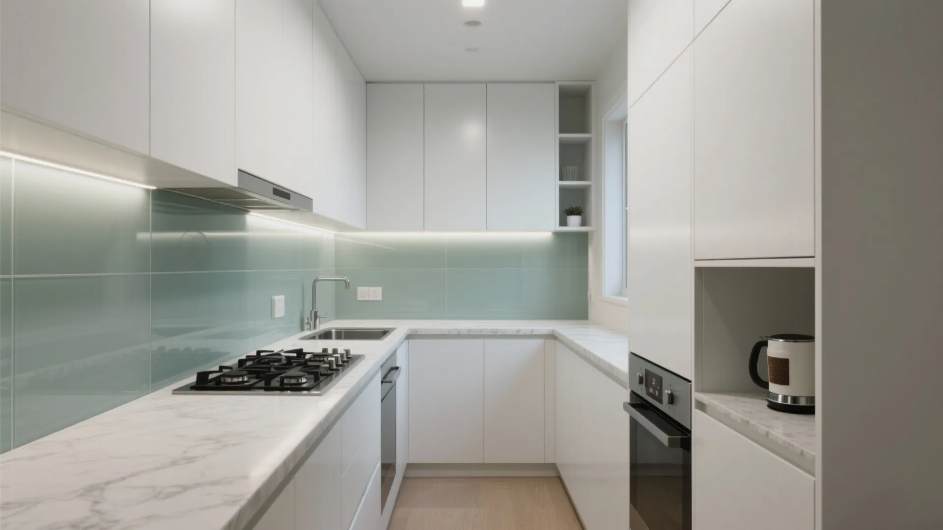 Compact L-shaped kitchen with contiguous counters and a corner coffee niche.