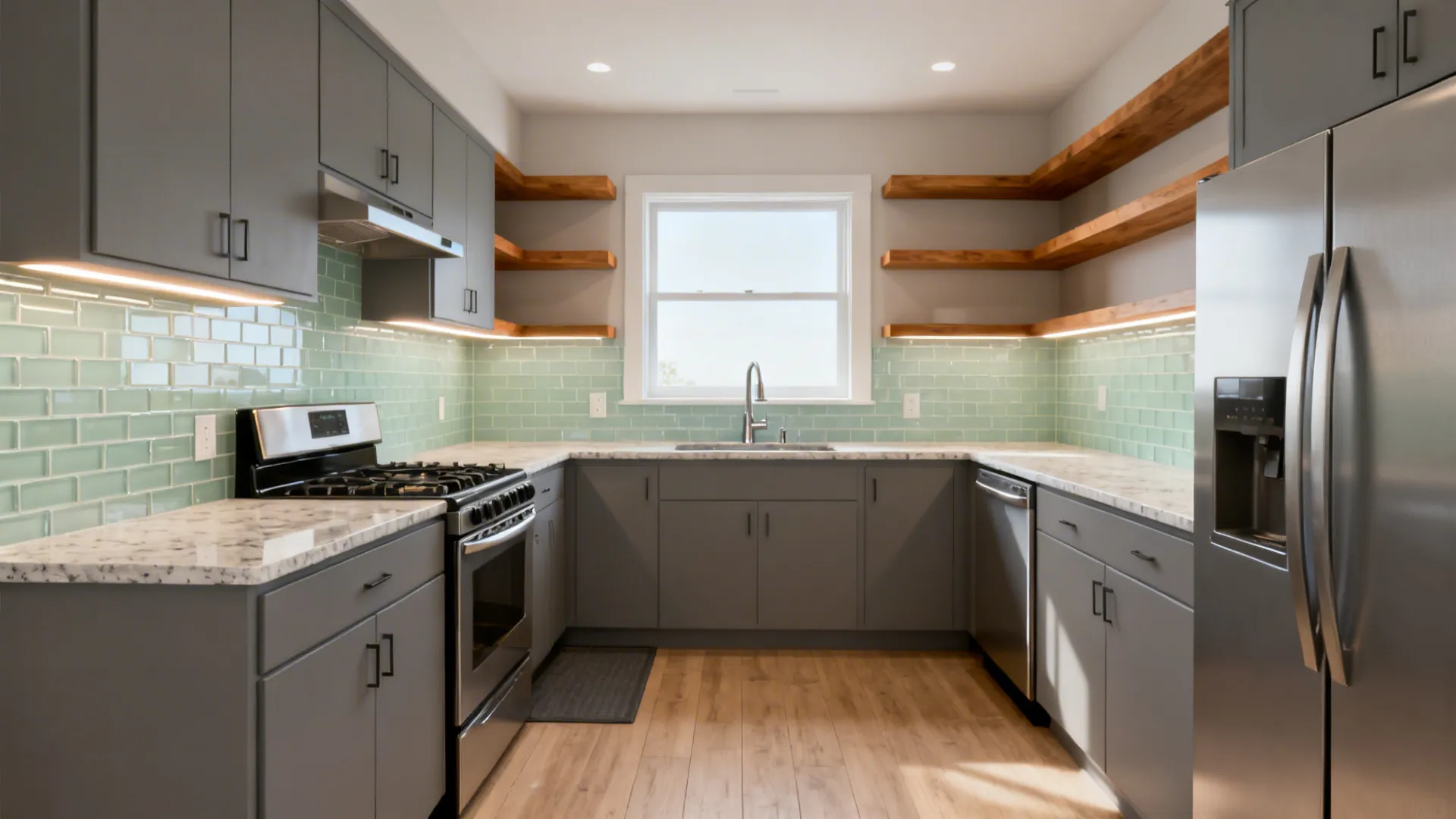 Compact L-shaped kitchen with sink, range landing zone, counter-depth fridge, and 42-inch aisle.