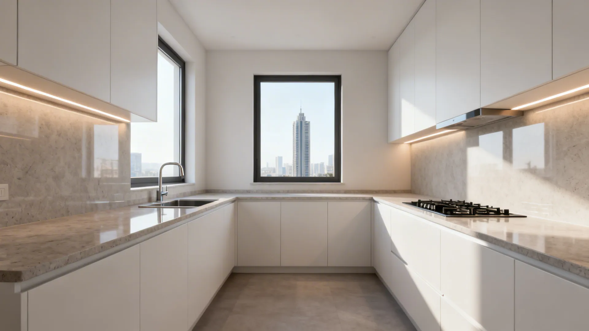 L-shaped kitchen interior with two clear windows, sink under one window and hob on the perpendicular run.