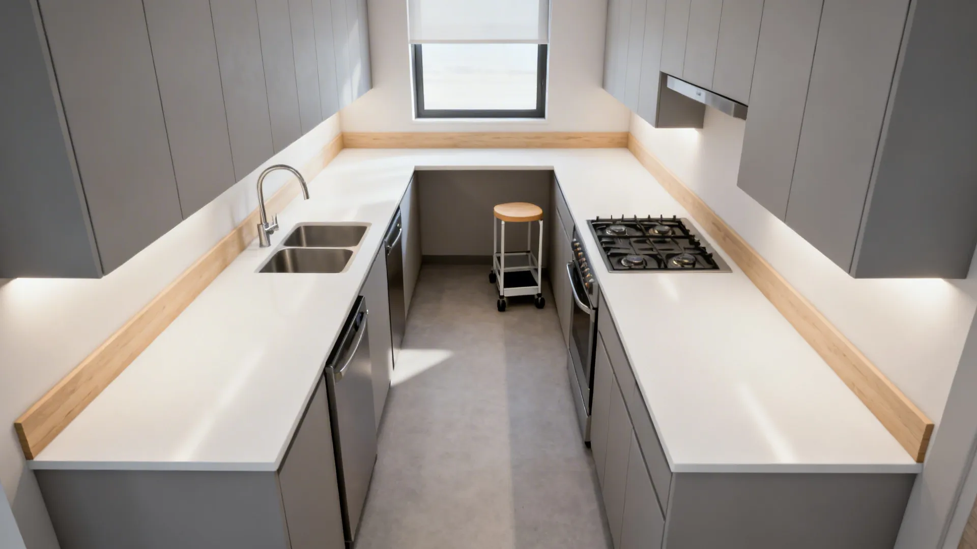 Compact L-shaped kitchen showing a long uninterrupted prep counter between sink and cooktop.