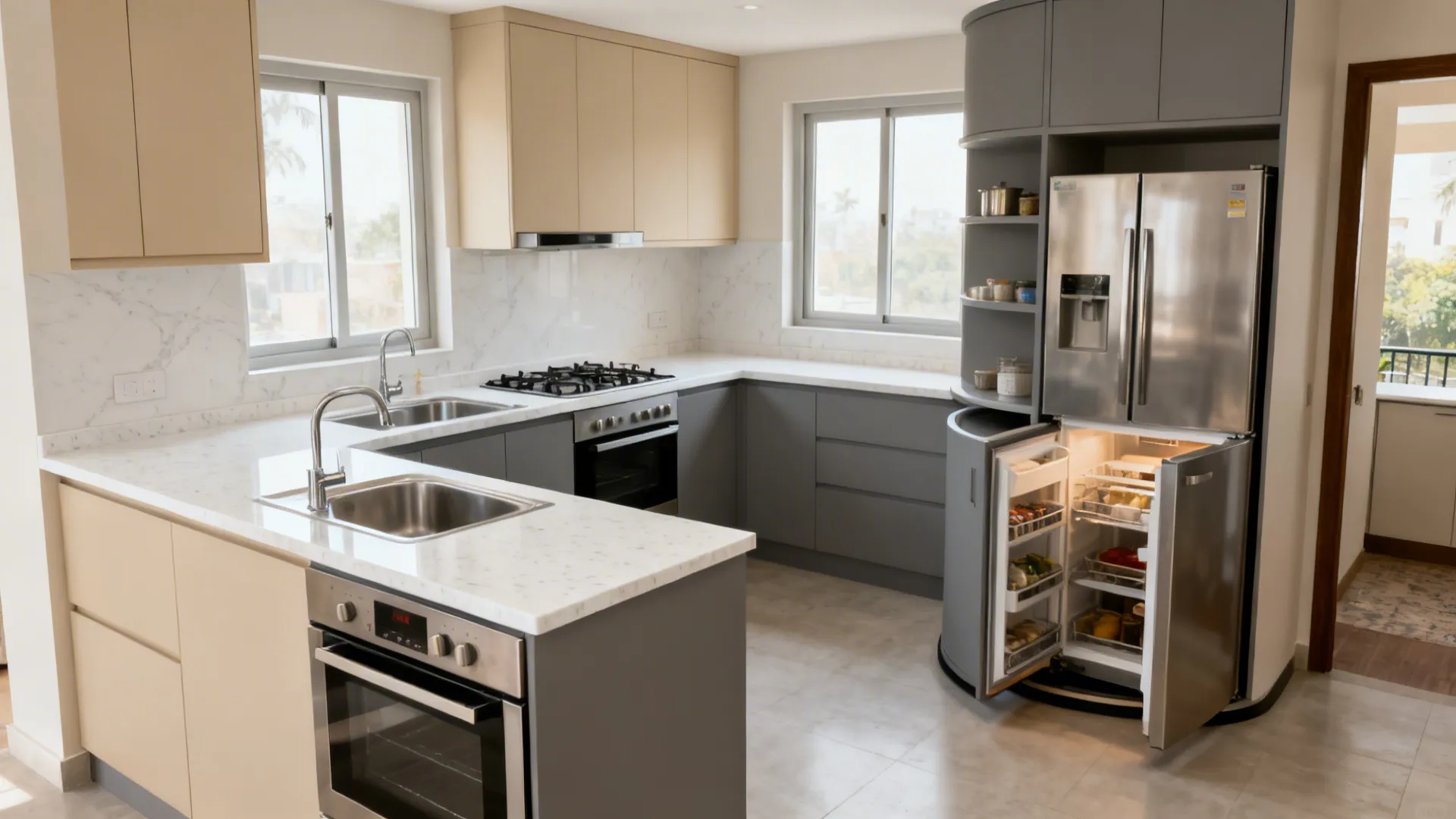 Modern L-shaped kitchen featuring grey and beige cabinets stainless steel sink and an open refrigerator