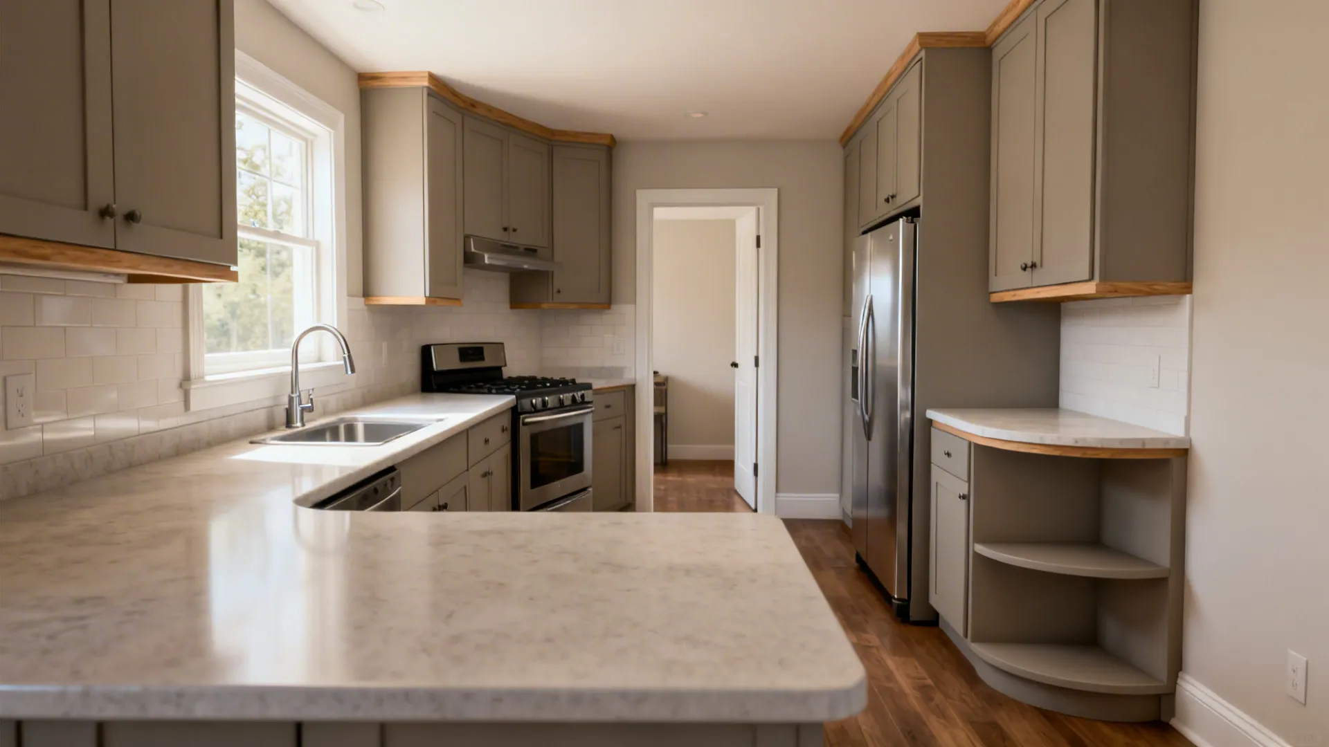 Compact L-shaped kitchen with sink on the long run and range on the short leg.