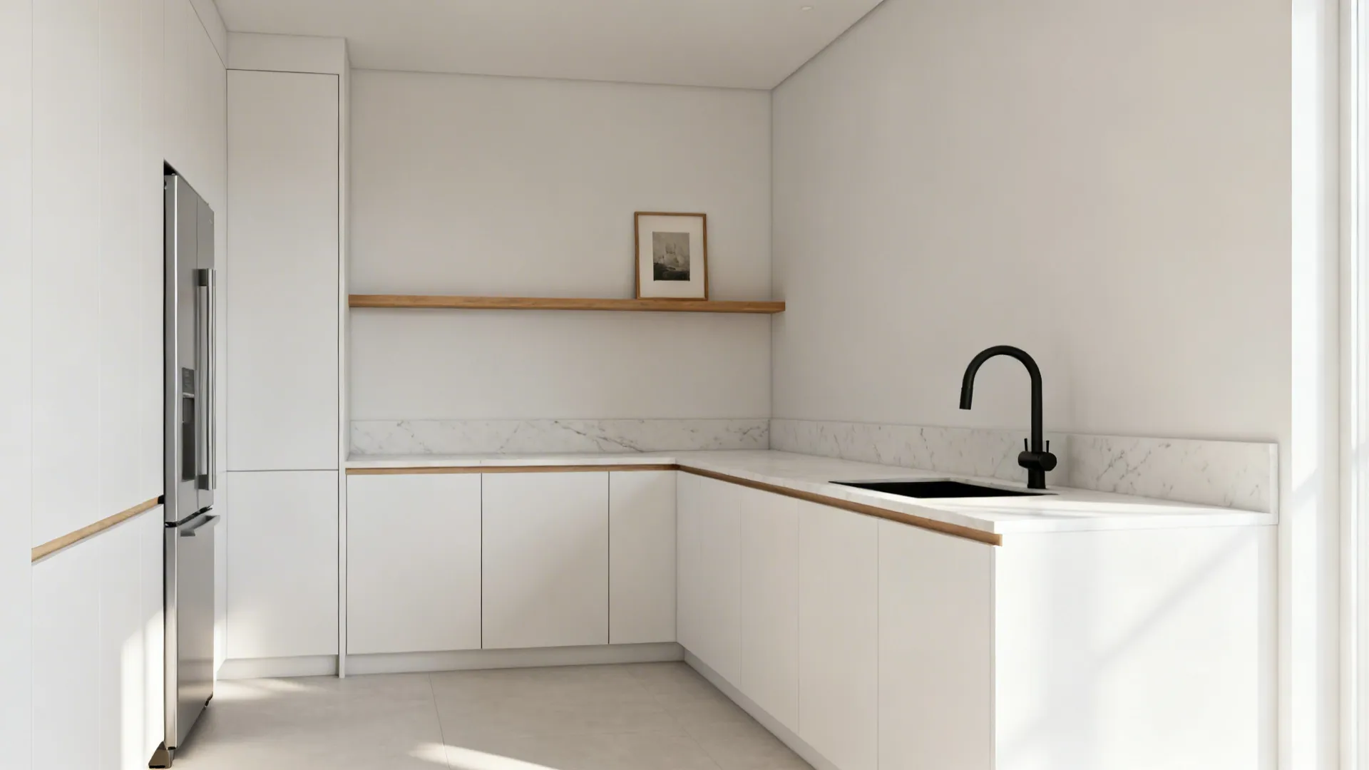 Small L-shaped white kitchen with long counters, corner solution, and oak shelf accent.