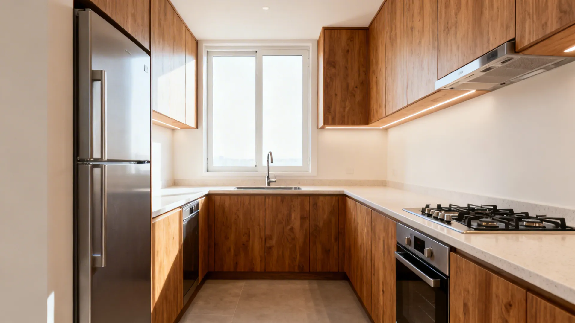 L-shaped kitchen with fridge on the short leg, sink by the window, and a long clear prep counter.