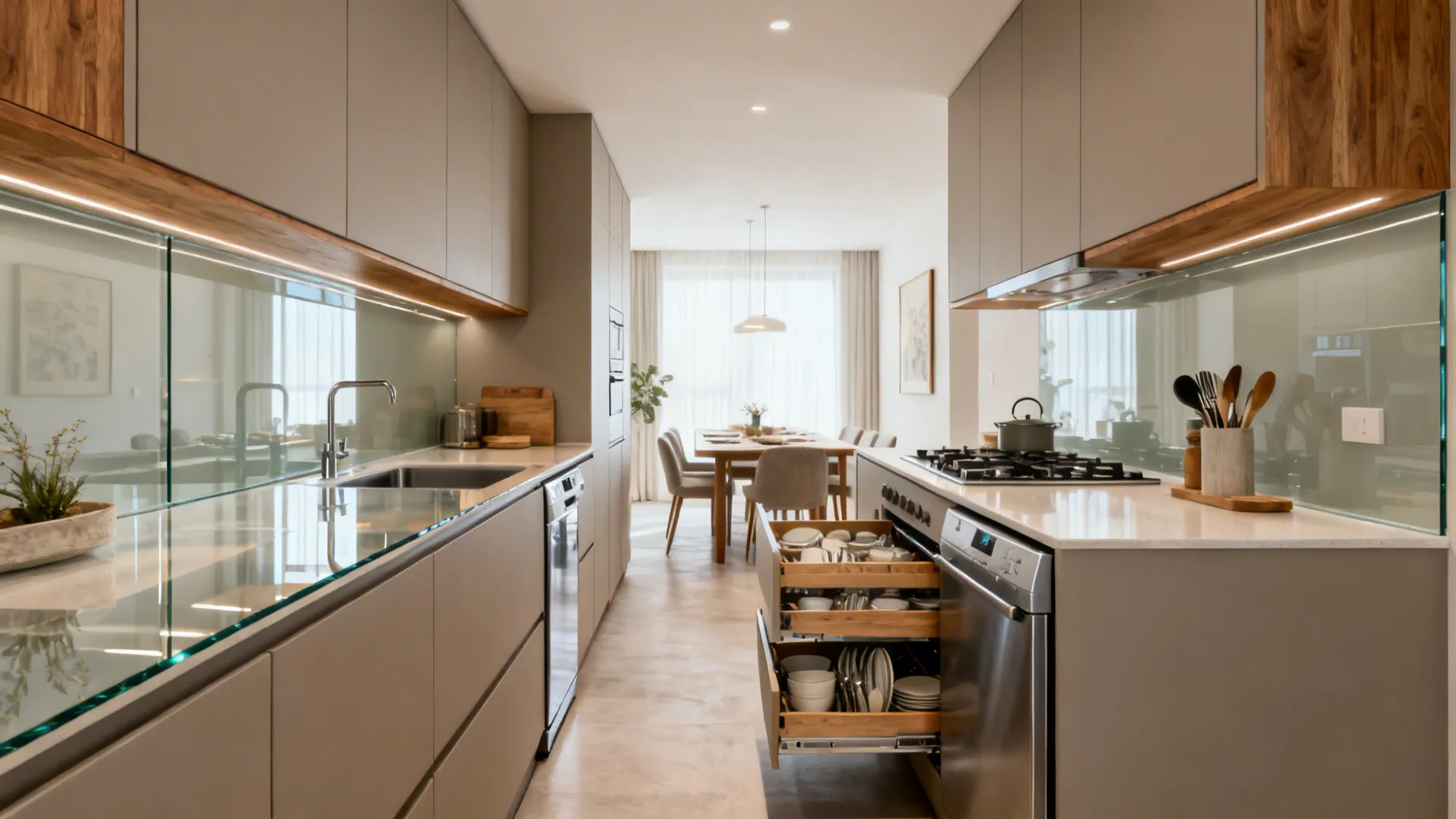 Compact L-shaped kitchen with clear prep zone and dish drawers near the dishwasher and dining area.