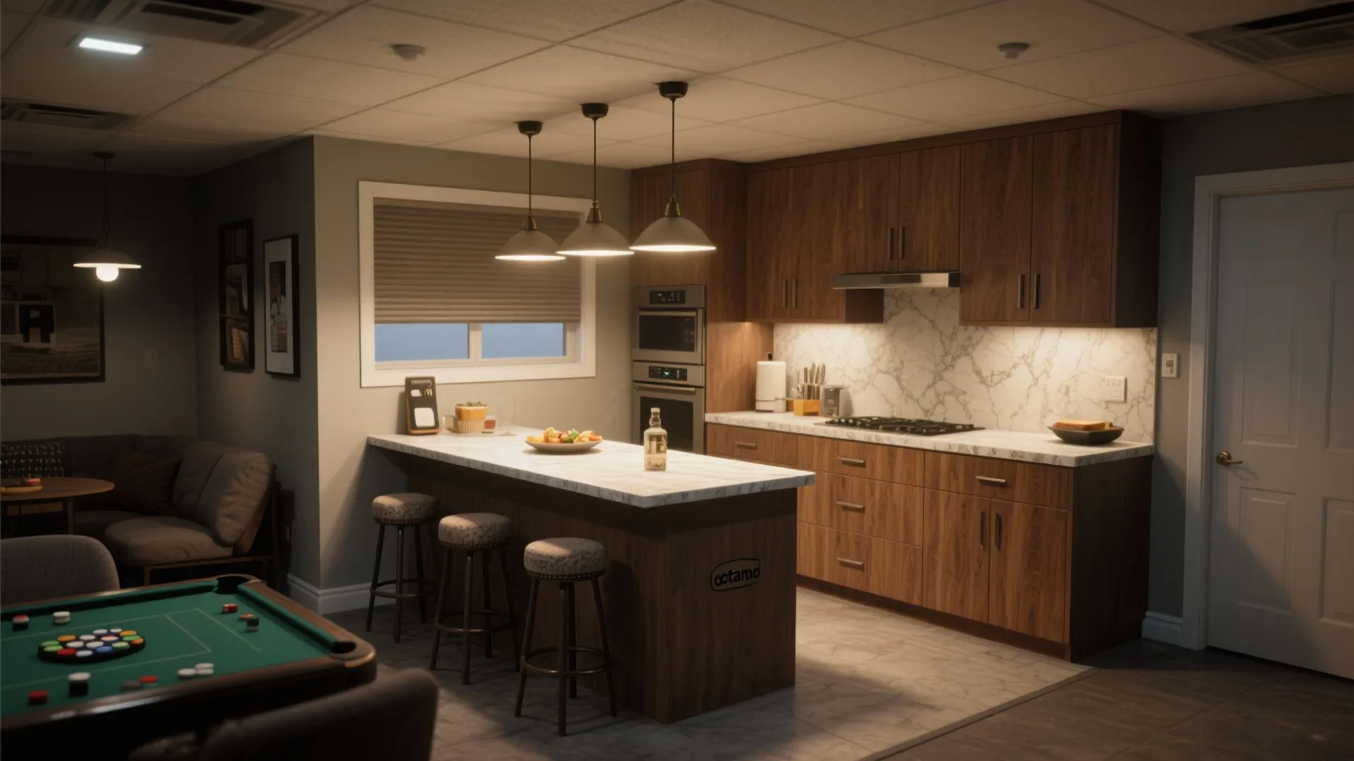 L-shaped kitchenette with a small island and seating, showing versatile prep and social area.