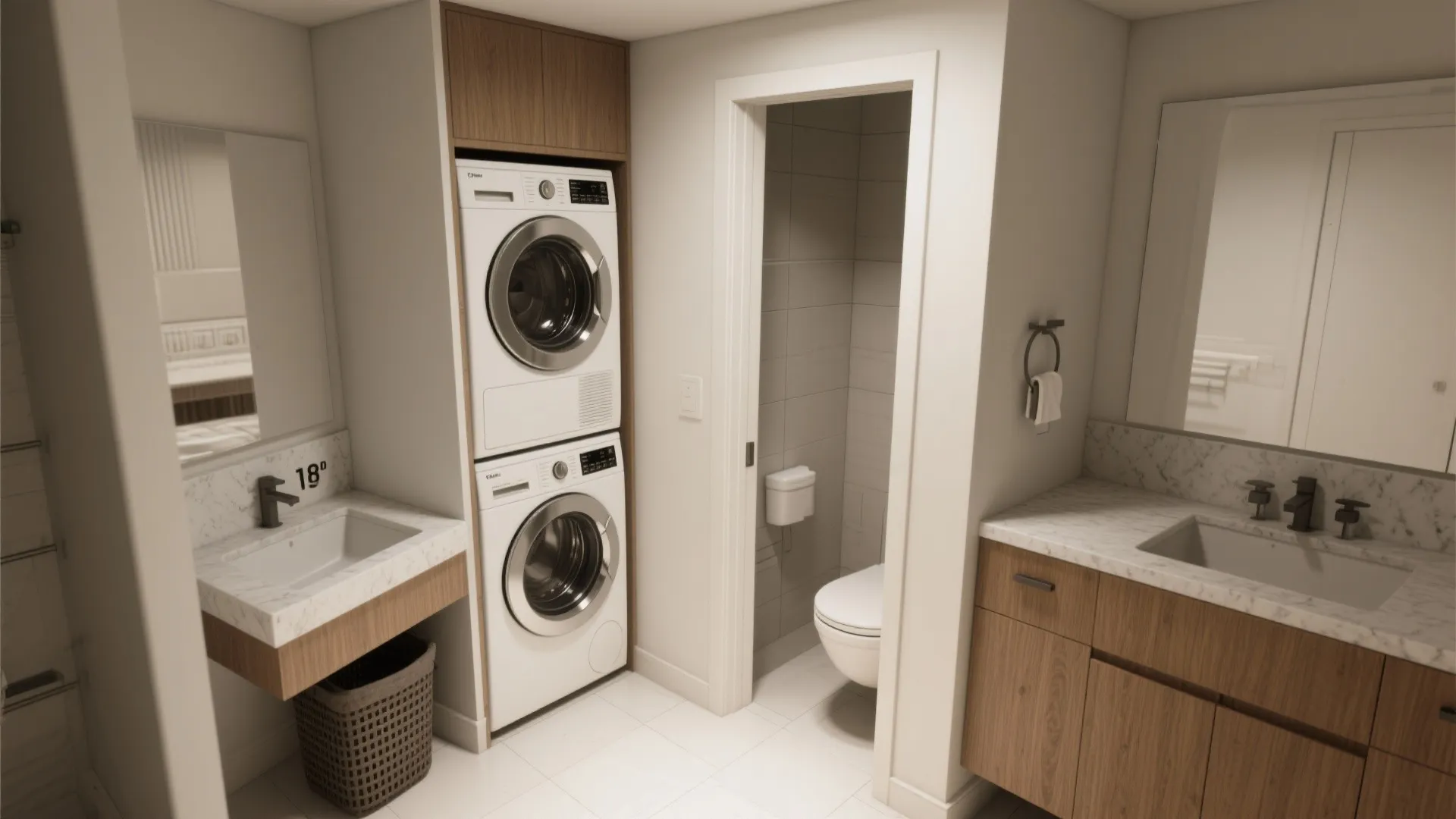 Modern bathroom laundry room layout with stacked washer dryer unit two sinks and toilet area